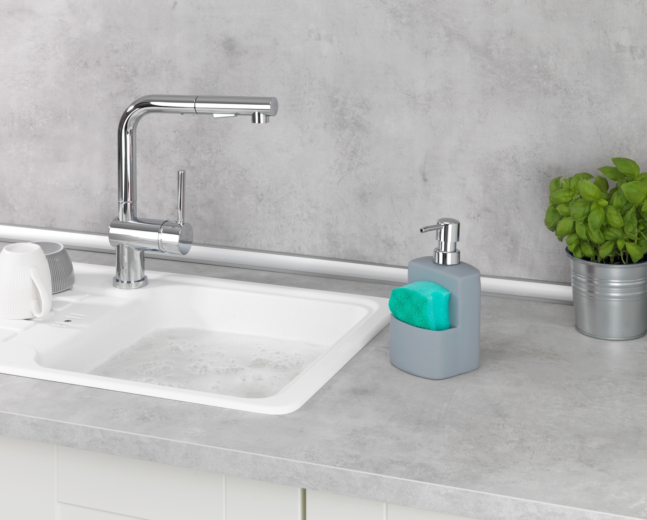 WENKO Spülmittelspender »Modell Festival« aus Keramik, Soft-Touch Beschichtung, mit Spülschwamm-Fach, 380 ml