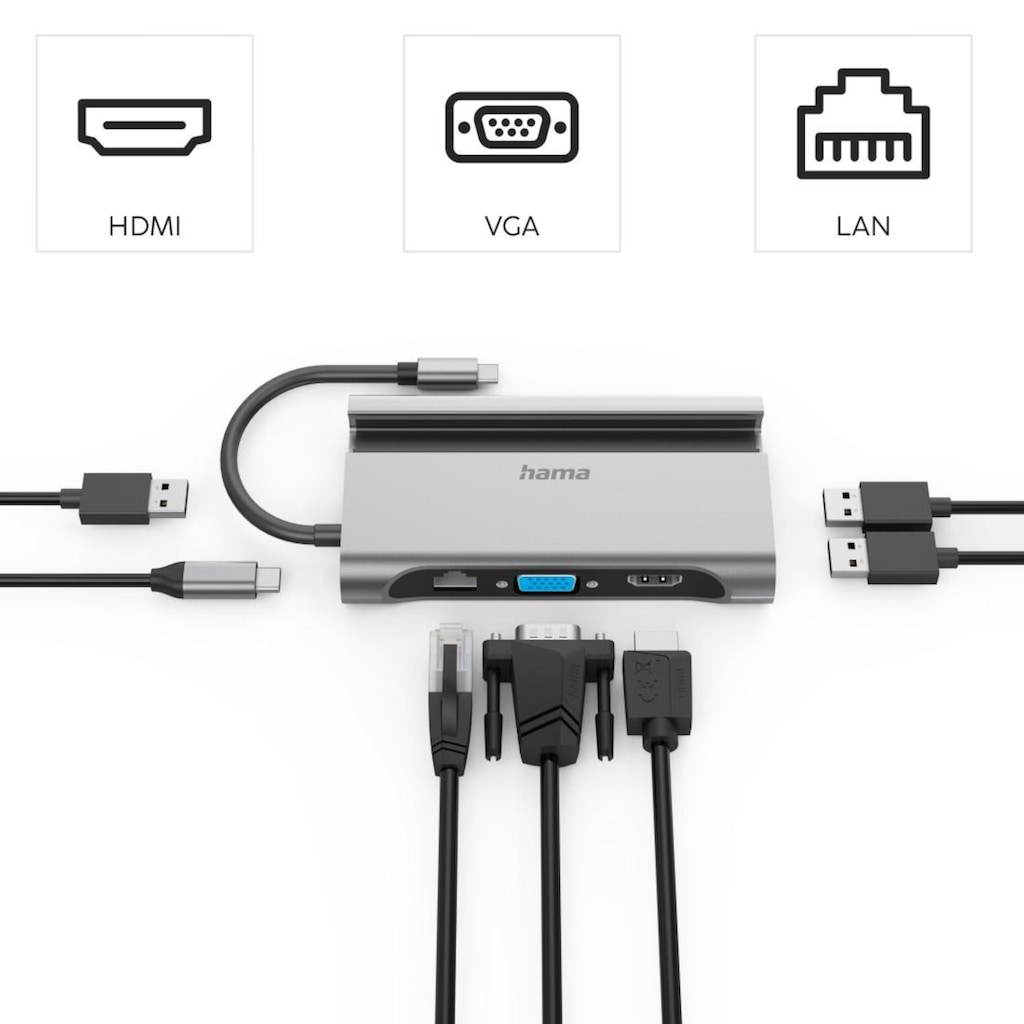 Hama USB-Adapter »USB-C Multiport Hub für Laptop mit 7 Ports, USB Adapter, Handy, Tablet«, USB-C zu USB Typ A-USB Typ C-VGA-HDMI-RJ-45 (Ethernet), 15 cm