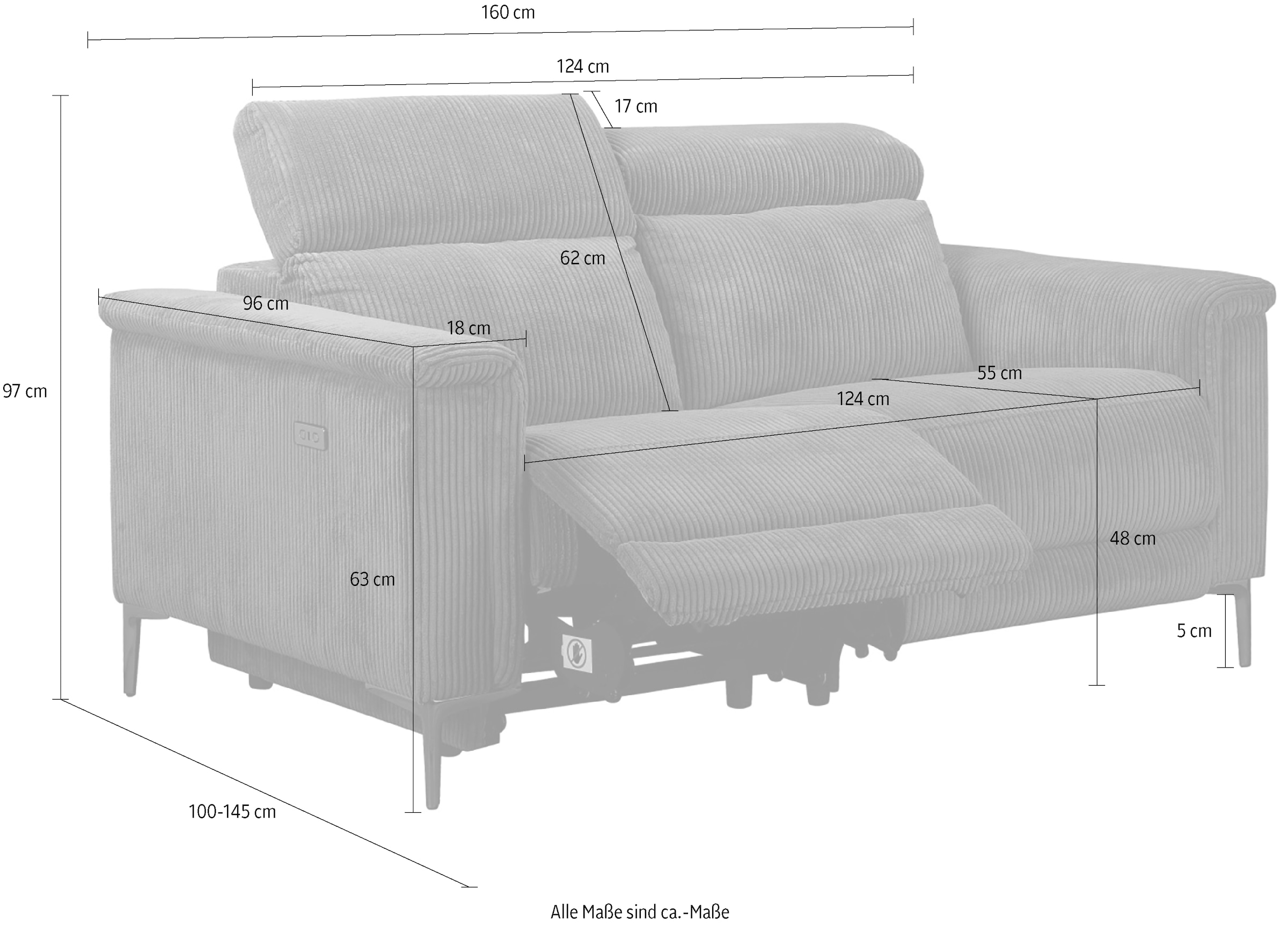 Places of Style 2-Sitzer »Lund in Cord, mit manueller o. elektrischer«, Relaxfunktion, USB, Kopfteilverstellung, Breite 160 cm