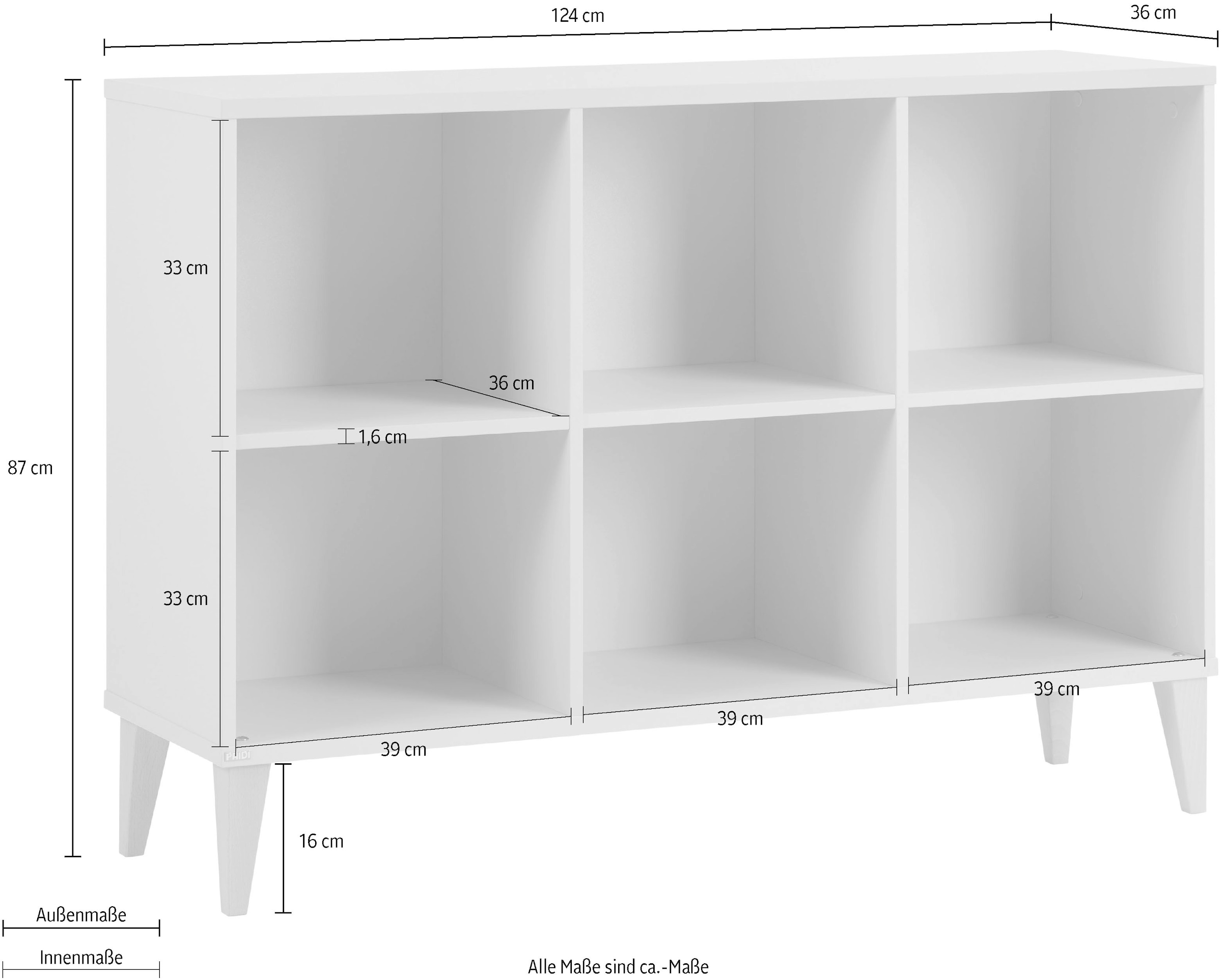 PAIDI Sideboard »JONTE in Beige, 6 offene Fächer« B/H/T ca. 124/87/38cm, Cashmere-Beige,  stabiles Regal mit Massivholz-Füßen, offenes Standregal