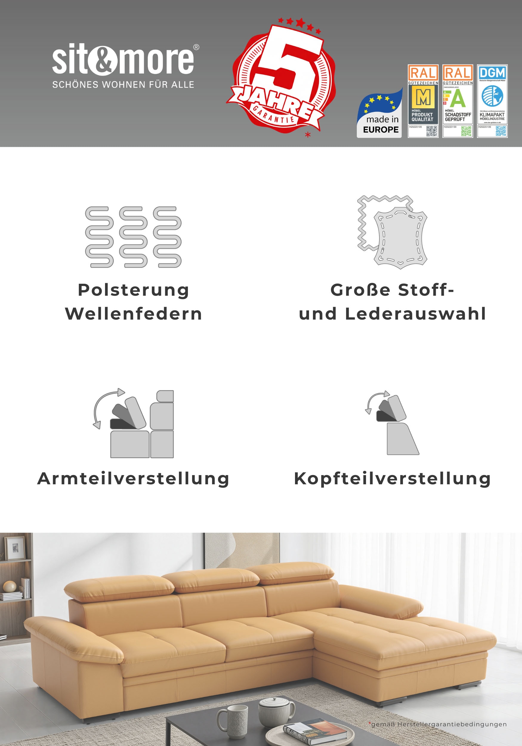 sit&more Ecksofa »Viola, L-Form, Leder, B: 249 cm« optional mit Schlaffunktion