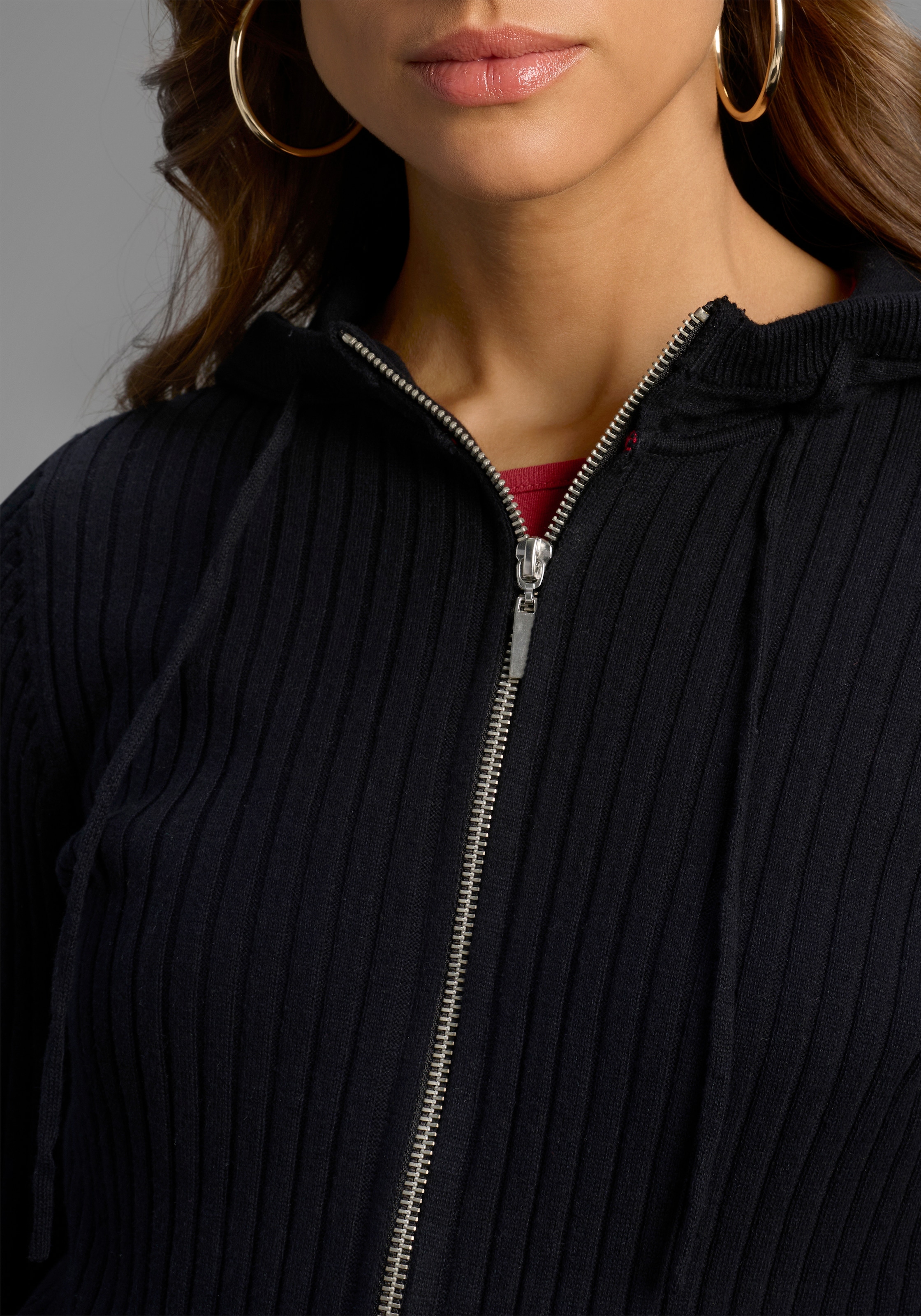 Laura Scott Kapuzenstrickjacke Feinstrick mit Rippe mit 2-Wege-Reißverschluss - NEUE KOLLEKTION