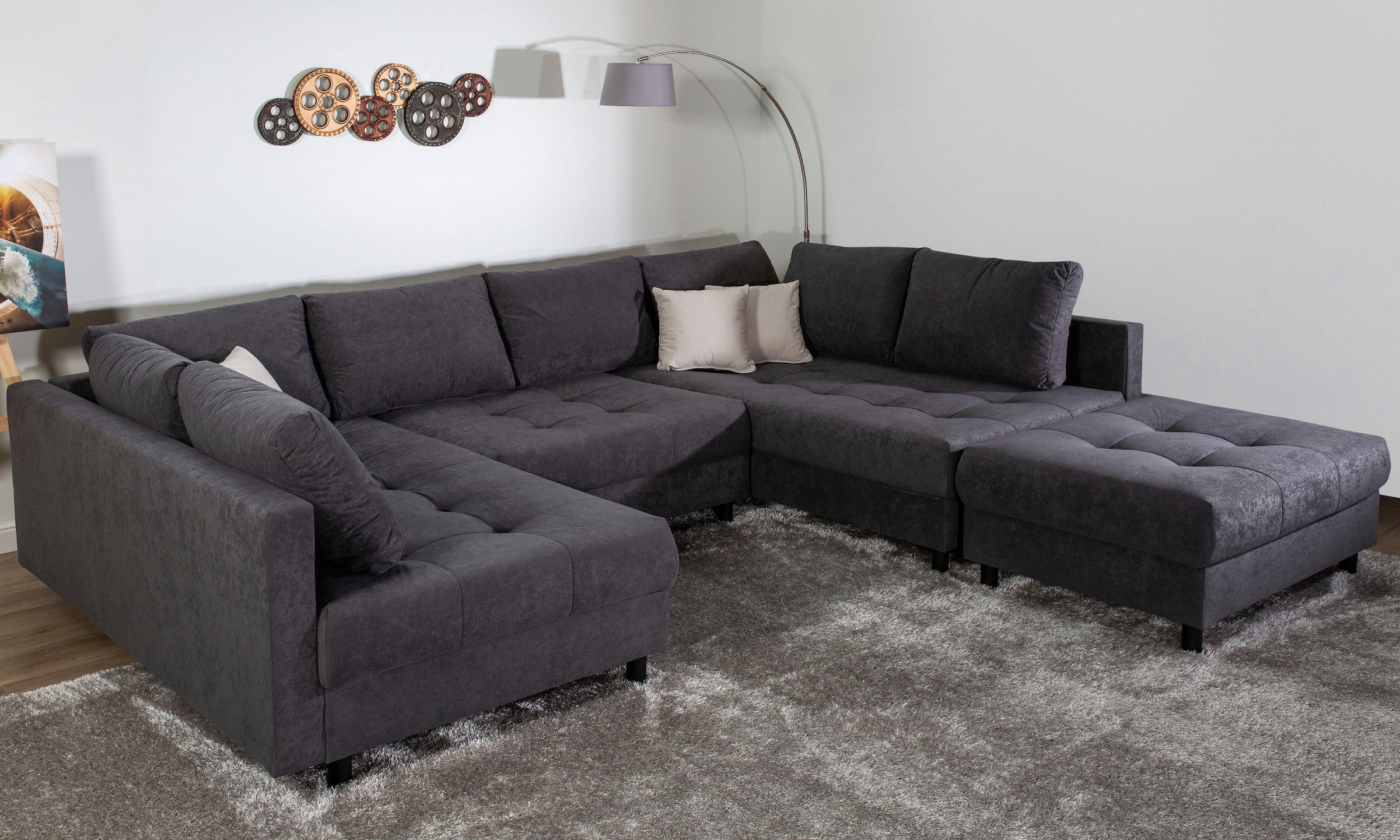 COLLECTION AB Wohnlandschaft »Toni U-Form, B: 298 cm, Liegefl. 282x178cm« Set 2tlg. Sofa + Hocker, mit Schlaffunktion, Federkern, 3 Zierkissen