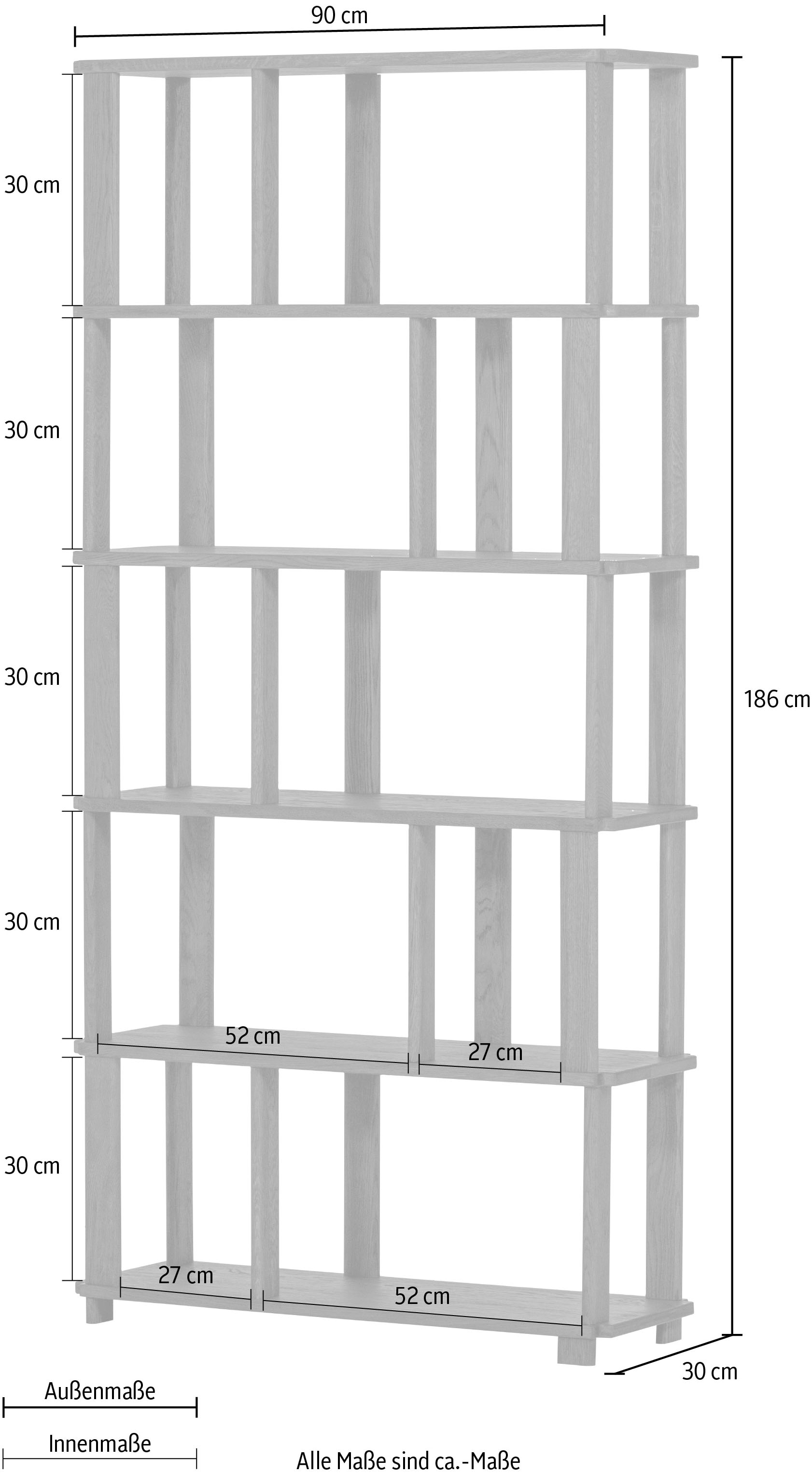 WOOOD Wandregal »Riss Eichenholz mit sichtbare Maserung, B 90 x T 30 x H 186 cm« Tragkraft 10 kg pro Einlegeboden, nachbehandelbar, einfach montierbar