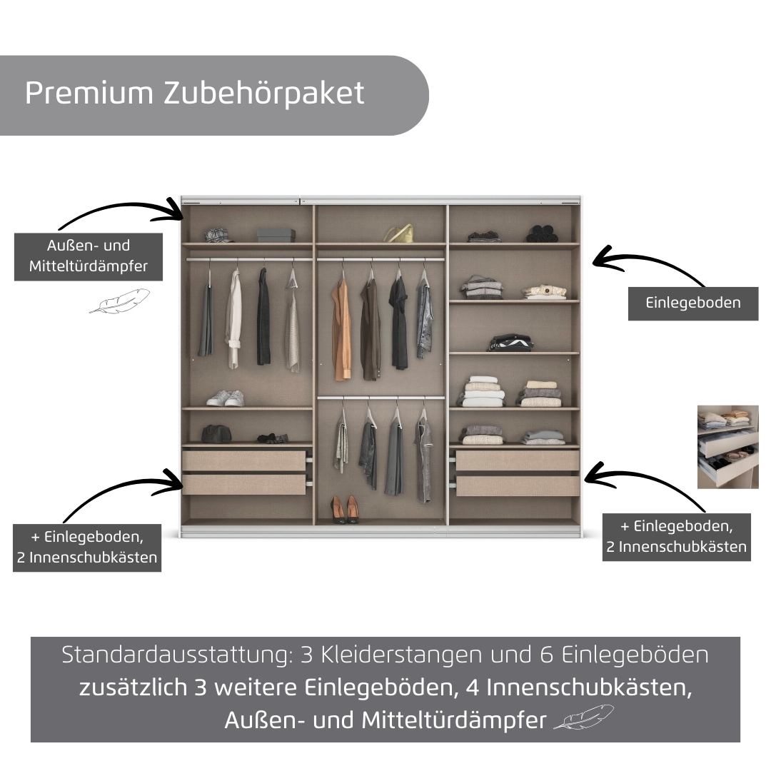 rauch Kleiderschrank »Schwebetürenschrank OTTO´s Choice Garderobe Schrank TOP ANGEBOT Avola«, (in 3 verschiedenen Ausstattungen BASIC/CLASSIC/PREMIUM inkl. Spiegel), mit eleganten Zierleisten in Chrom, Schwarz oder Weiß MADE IN GERMANY