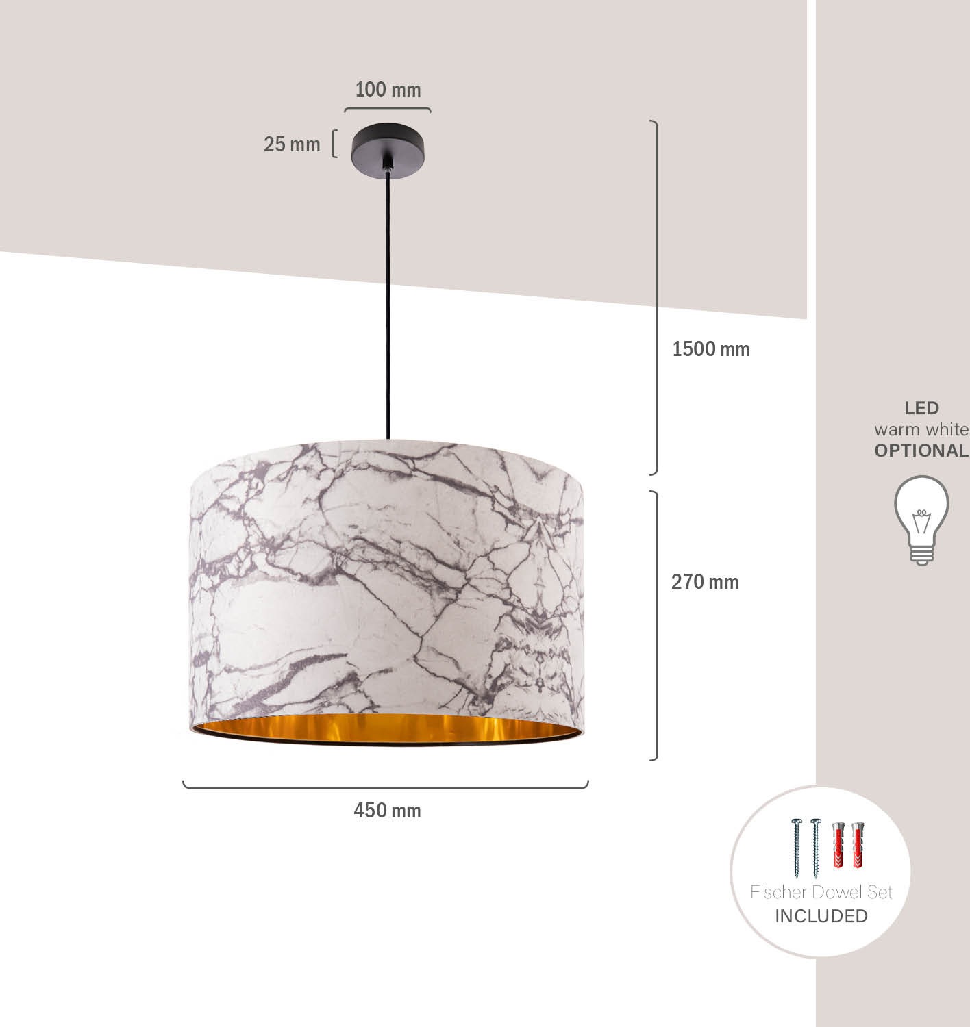 Paco Home Pendelleuchte »Kraft 525«, 1 flammig, Leuchtmittel E27 | ohne Leuchtmittel, Deckenlampe Wohnzimmer Hängelampe Esszimmer Marmor Weiß E27