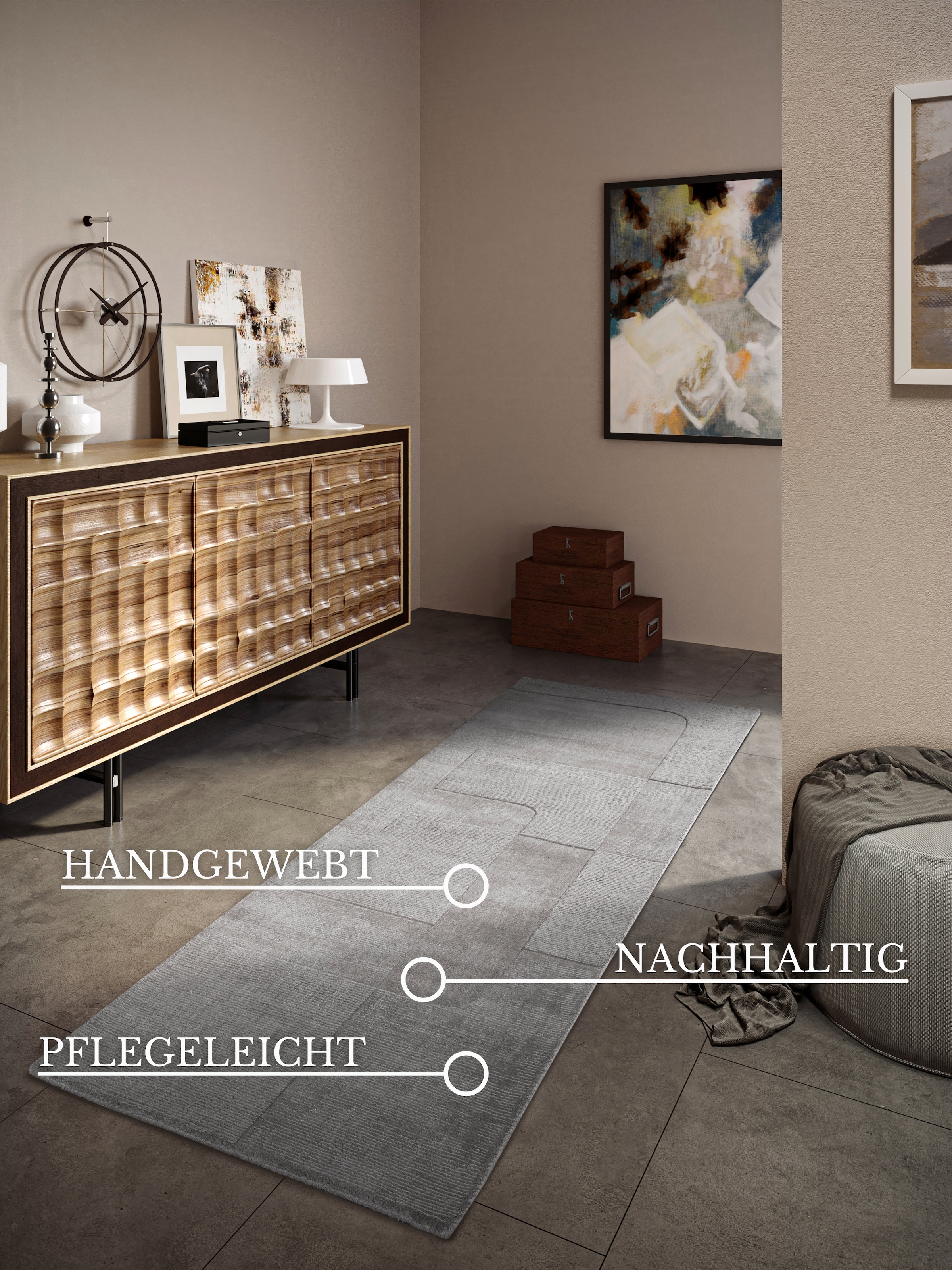 Villeroy & Boch Wollteppich »Charlotte«, rechteckig, 10 mm Höhe, Läufer, Handgewebt, Wolle, Natur, Läufer, Wohnzimmer, Geometrie