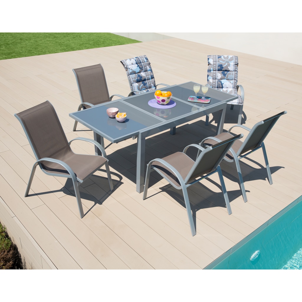 MERXX Garten-Essgruppe »Amalfi«, (7 tlg., 6x Stapelsessel, 1x Ausziehtisch 140(200)x90 cm)