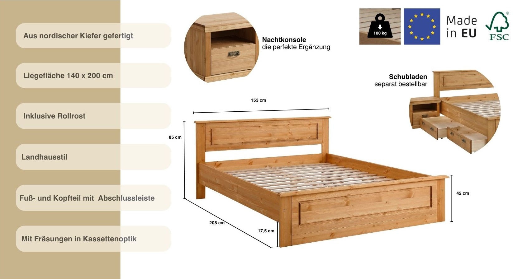 Home affaire Massivholzbett »Madrid, Landhausstil, hohe Belastbarkeit!«, (Breite/Belastbarkeit 180cm/220 KG, 160cm/200 KG, 90cm/=120 KG), aus FSC®-zertifizierter Kiefer, INKLUSIVE Rollrost, Kassettenoptik