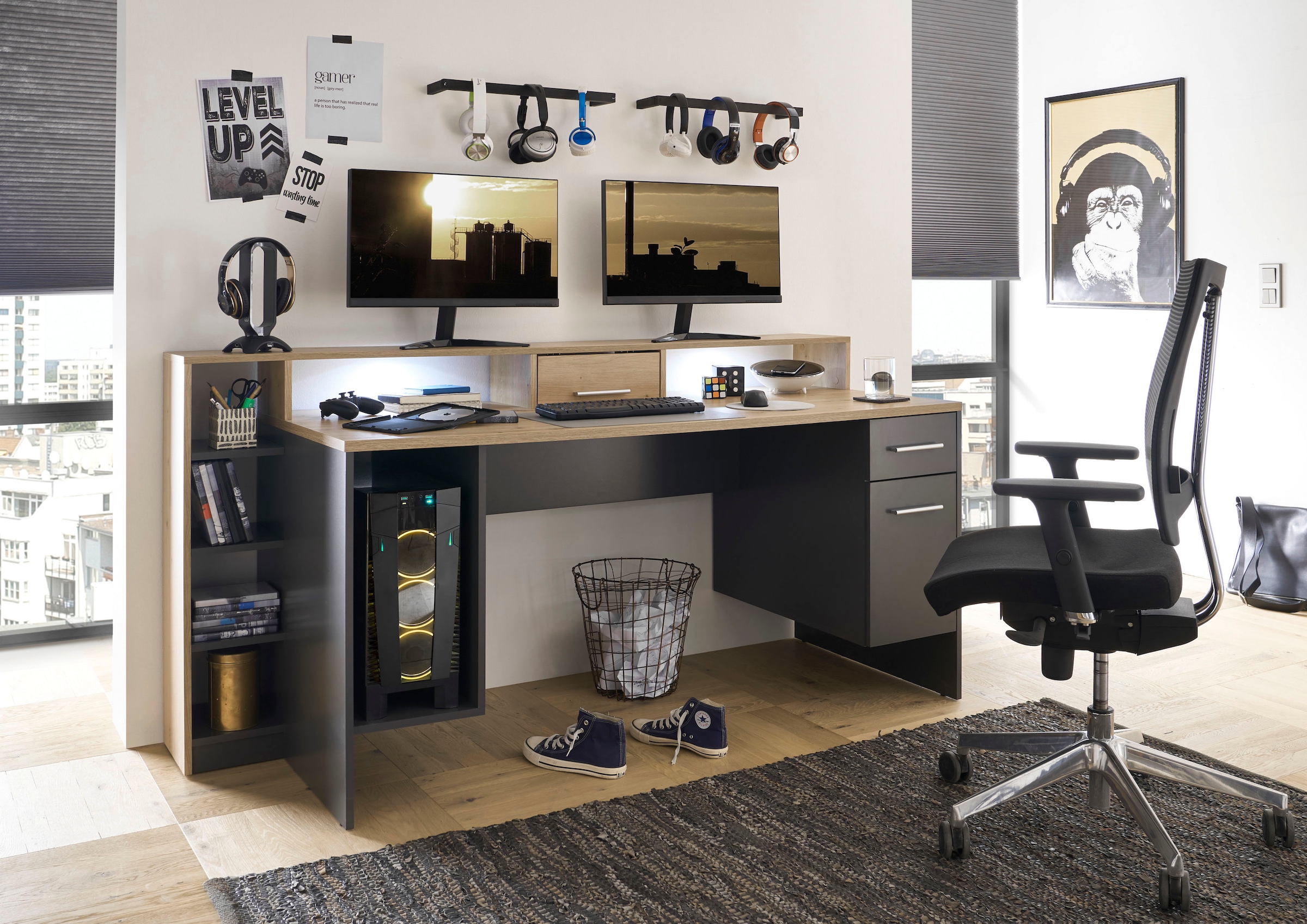 BEGA OFFICE Gamingtisch »Highscore 4«, Grau inkl. LED Beleuchtung, Computertisch mit Desktopfach