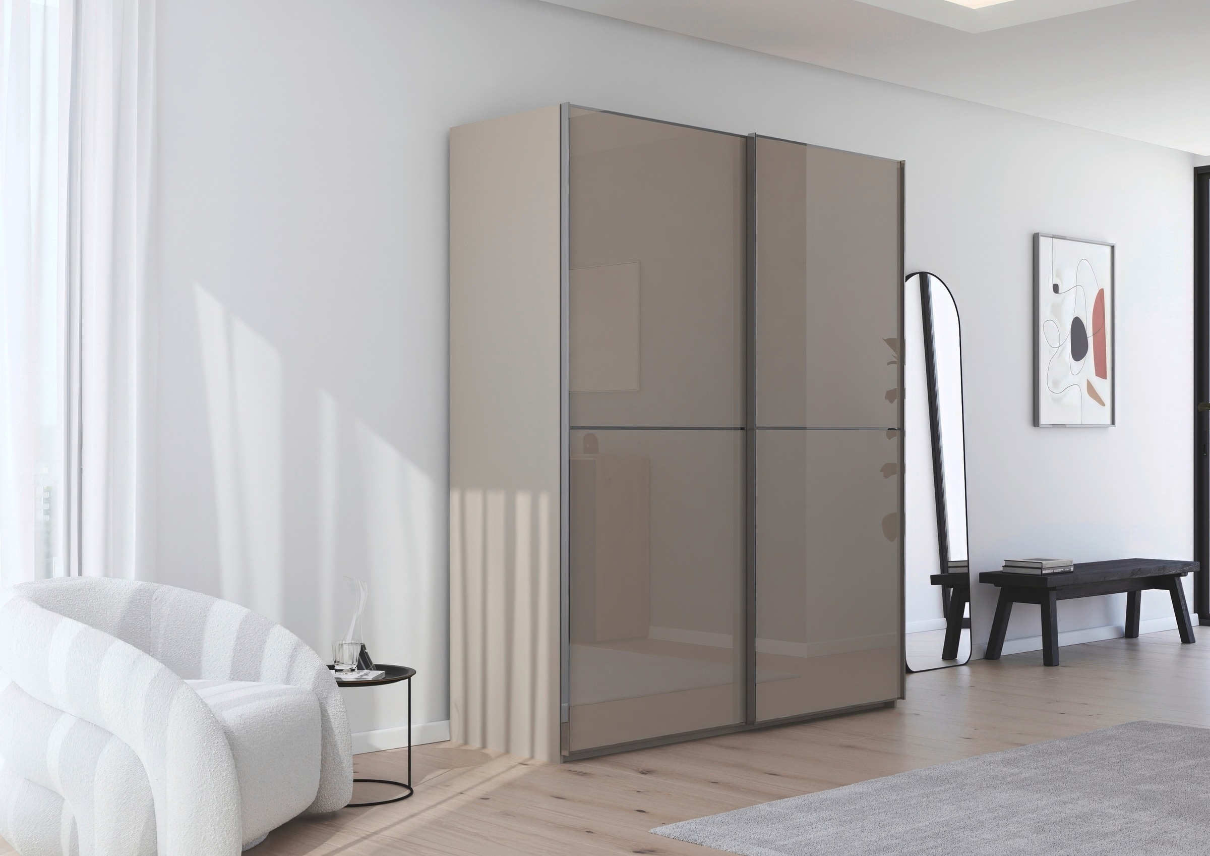 rauch Schwebetürenschrank »Kleiderschrank Schrank Garderobe Schlafzimmerschrank SCALE-DUO« edle zweigeteilte Türen Glas-Front mit 3 Zierleisten MADE IN GERMANY