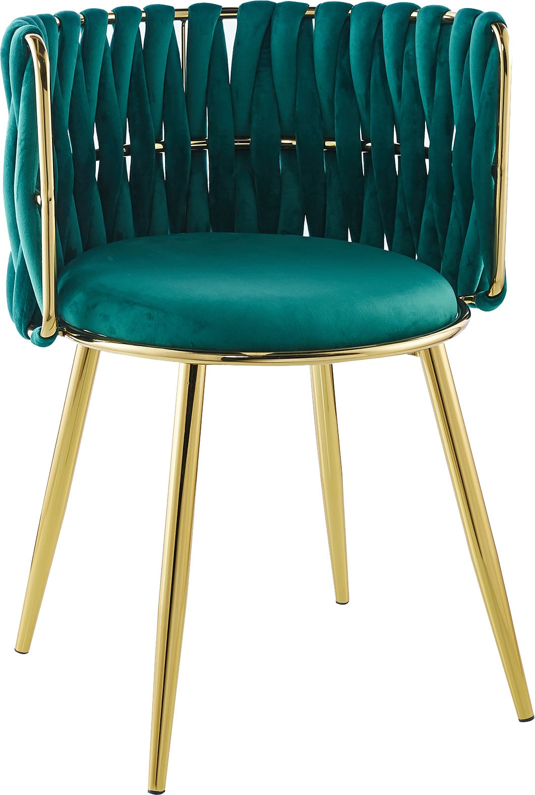 Kayoom Polsterstuhl »Stuhl Melly 125 2er-Set,tolles Design der Rückenlehne, runde Sitzfläch« (Set) 2 Stk.ausgefallen geflochtene Rückenlehne, Samtbezug, goldene Beine