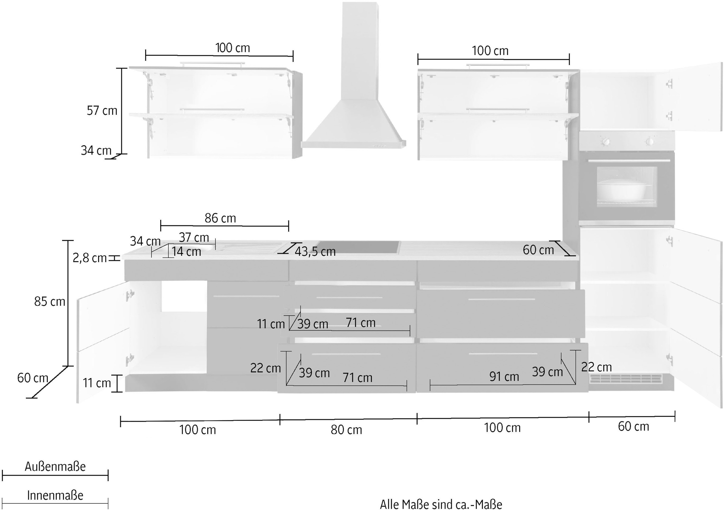 KOCHSTATION Küchenzeile »KS-Wien«, Breite 340 cm, wahlweise mit E-Geräten und Induktion