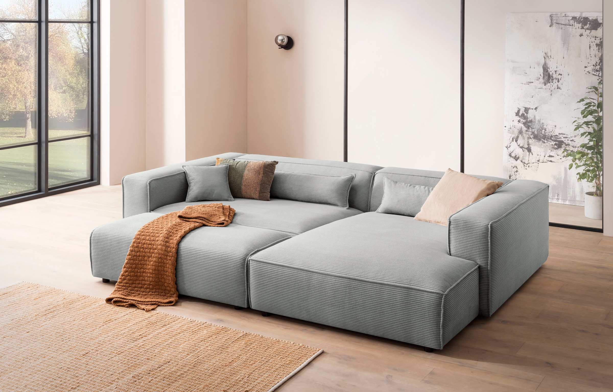 LeGer Home by Lena Gercke Polsterecke »PIARA XXL, L-Form mit Schlaffunktion, Big-Sofa in Cord o. Leinenoptik«, Hocker stellbar zum Schlafsofa (Krokodilverbinder), tiefe Sitzfläche