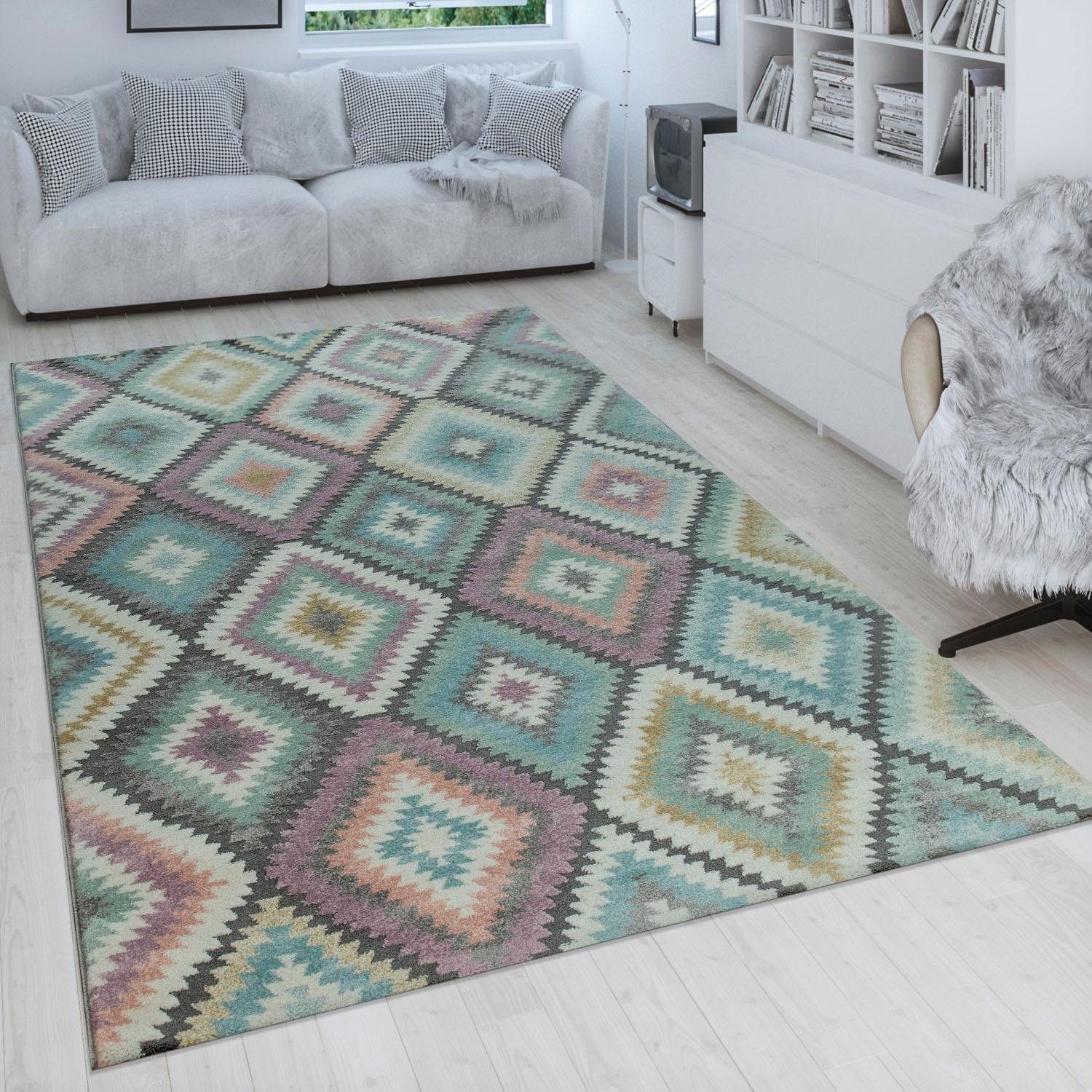 Paco Home Teppich »Apisto 352«, Wohnzimmer Design, buntes Pastell-Farben, online 3D-Effekt, kaufen Rauten rechteckig, Kurzflor