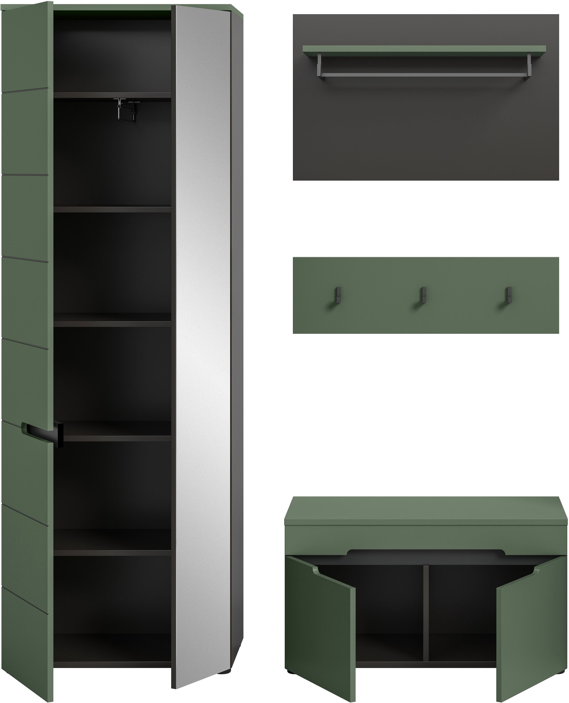 Home affaire Garderoben-Set »REHAT, TOPSELLER!, 4-teilig, Breite 160cm, individuell stellbar« bestehend aus: Garderobenschrank, Sitzbank, Paneel, Hakenleiste, 3 Stk. tlg.
