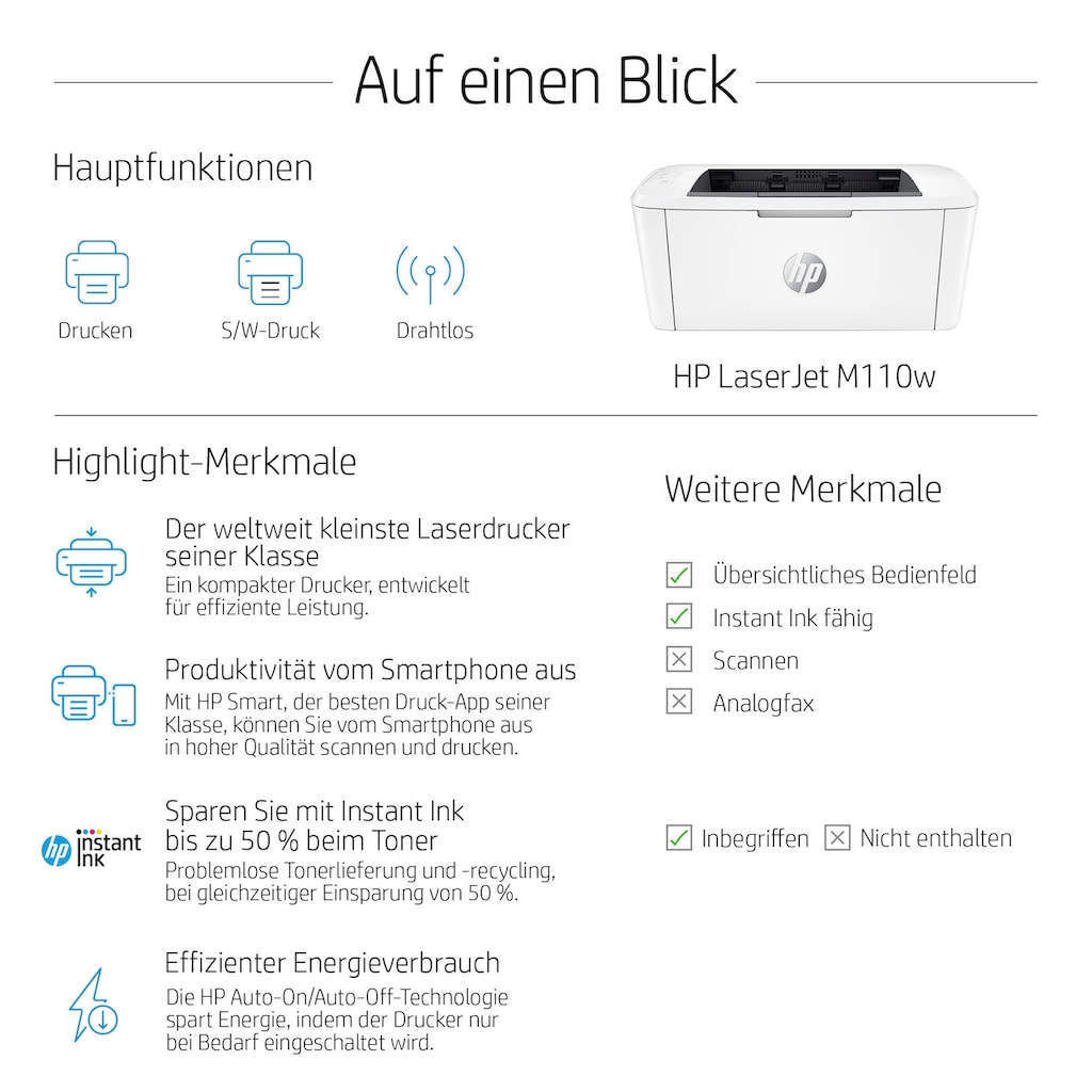 HP Schwarz-Weiß Laserdrucker »LaserJet M110w«, 2 Monate gratis Drucken mit HP Instant Ink inklusive