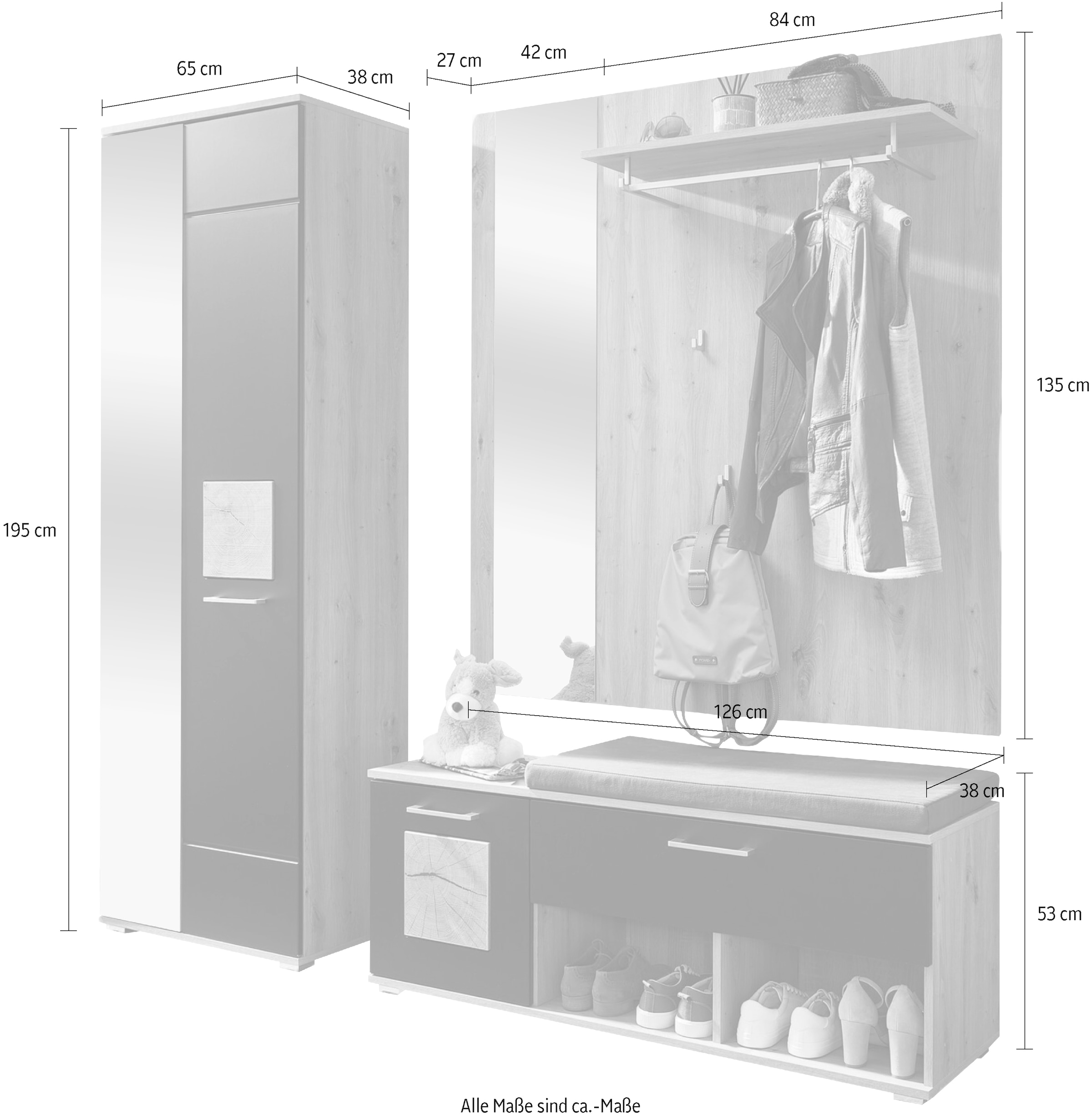 Innostyle Garderoben-Set »Fun Garderoben Set, 206x195x38cm (B/H/T)«, (1 St.), besteht aus 3 Typen,Spiegeltür,Sitzkissen