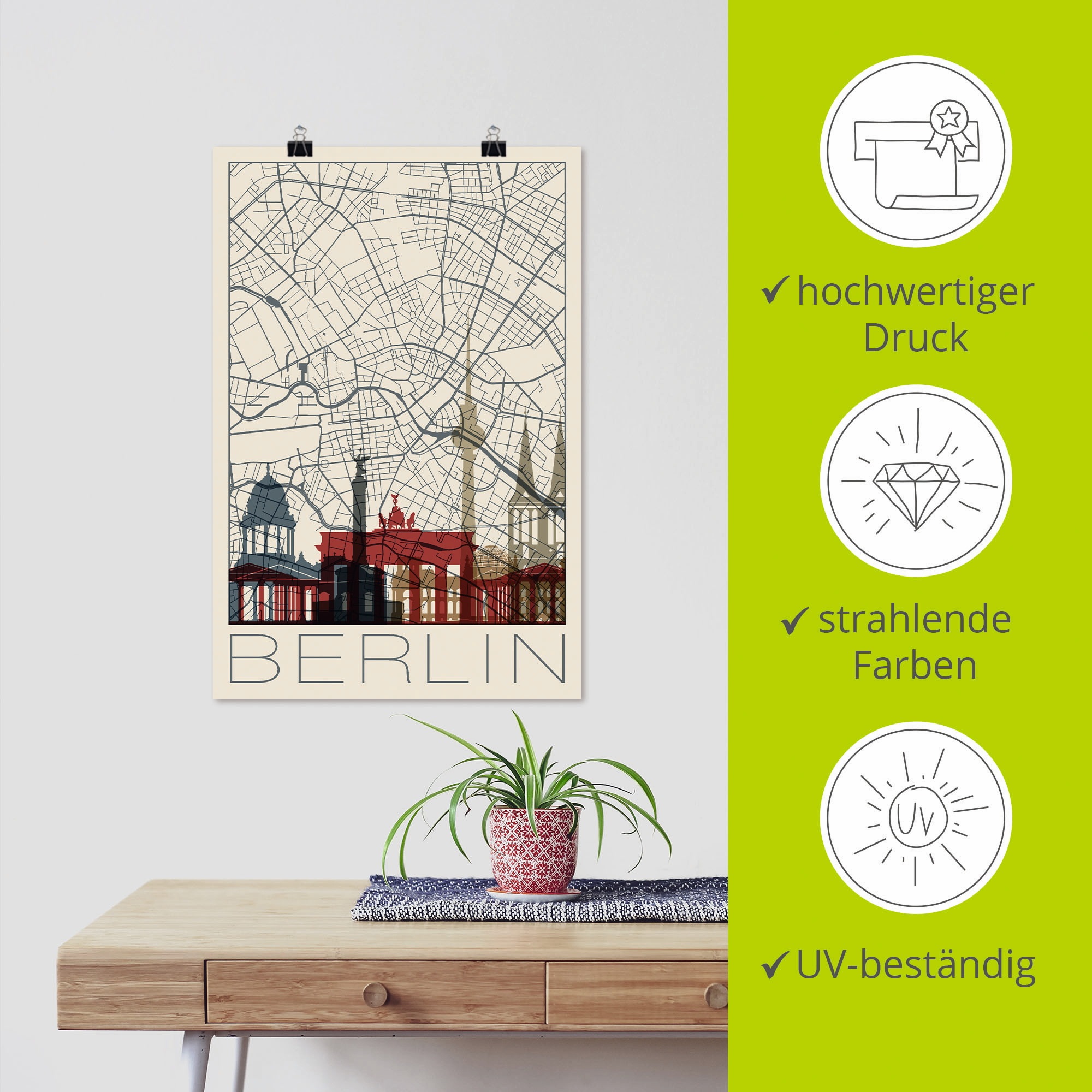 Artland Poster »Retro Karte Berlin«, Deutschland, (1 St.), als Alubild, Leinwandbild, Wandaufkleber oder Poster in versch. Größen