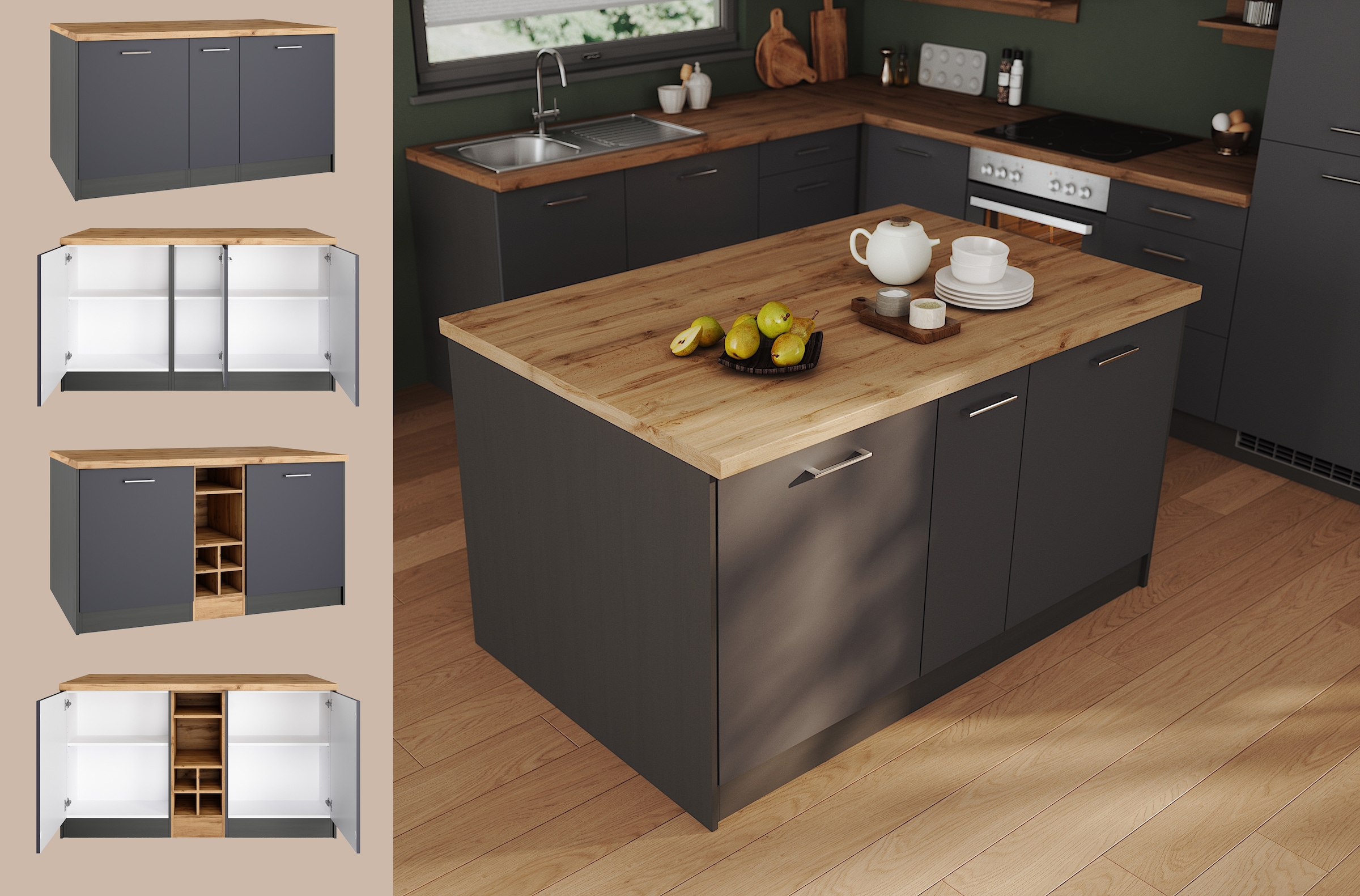 KOCHSTATION Kücheninsel »KS-Milan«, Stellmaß 153/100 cm, viel Stauraum, Lebensmittelpunkt: Küche