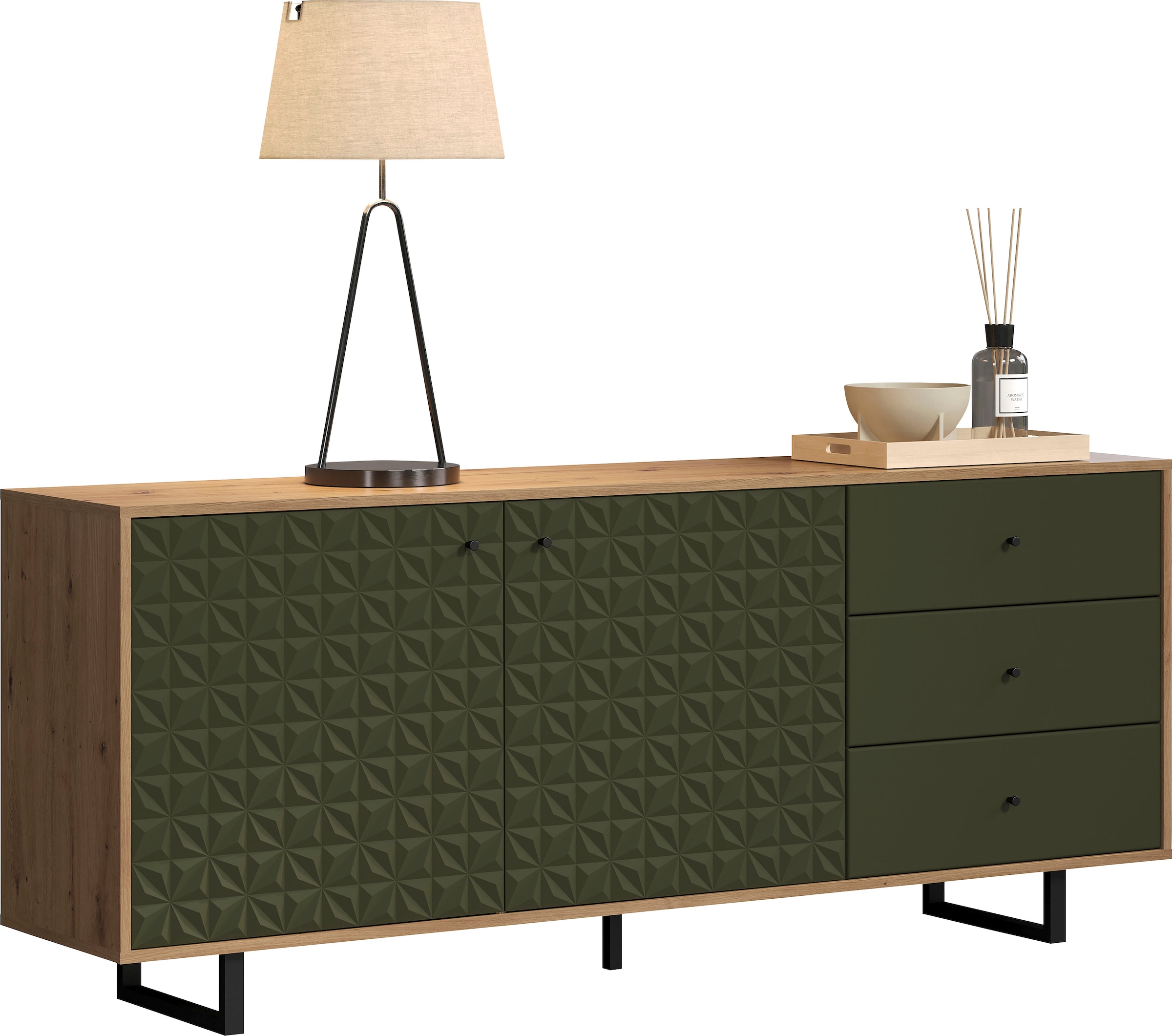 PLACES OF STYLE Sideboard »Ferretti« Wohnzimmerkommode mit besonderer Fräsung und Füße/Griffe aus Metall