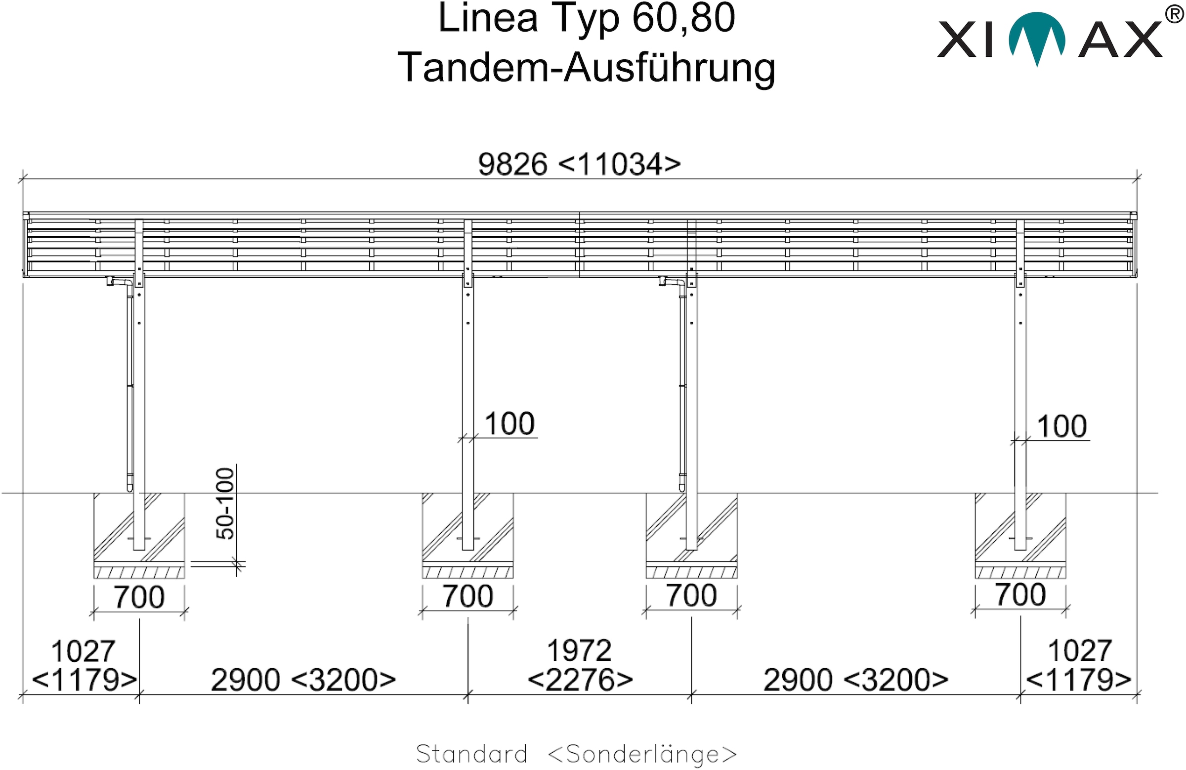 Ximax Doppelcarport »Linea Typ 80 Tandem-Edelstahl-Look«, Aluminium, 257 cm, edelstahlfarben, Aluminium