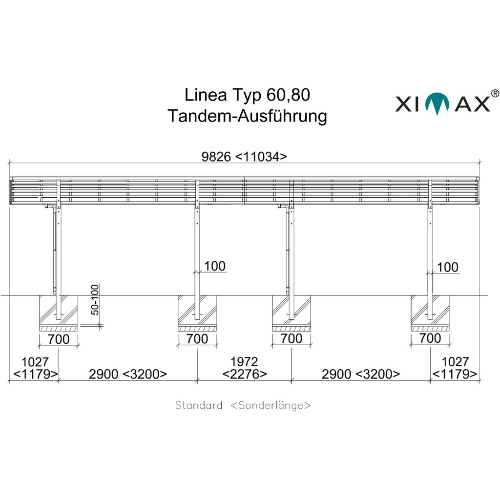 Ximax Doppelcarport »Linea Typ 80 Tandem-Edelstahl-Look«, Aluminium, 257 cm, edelstahlfarben