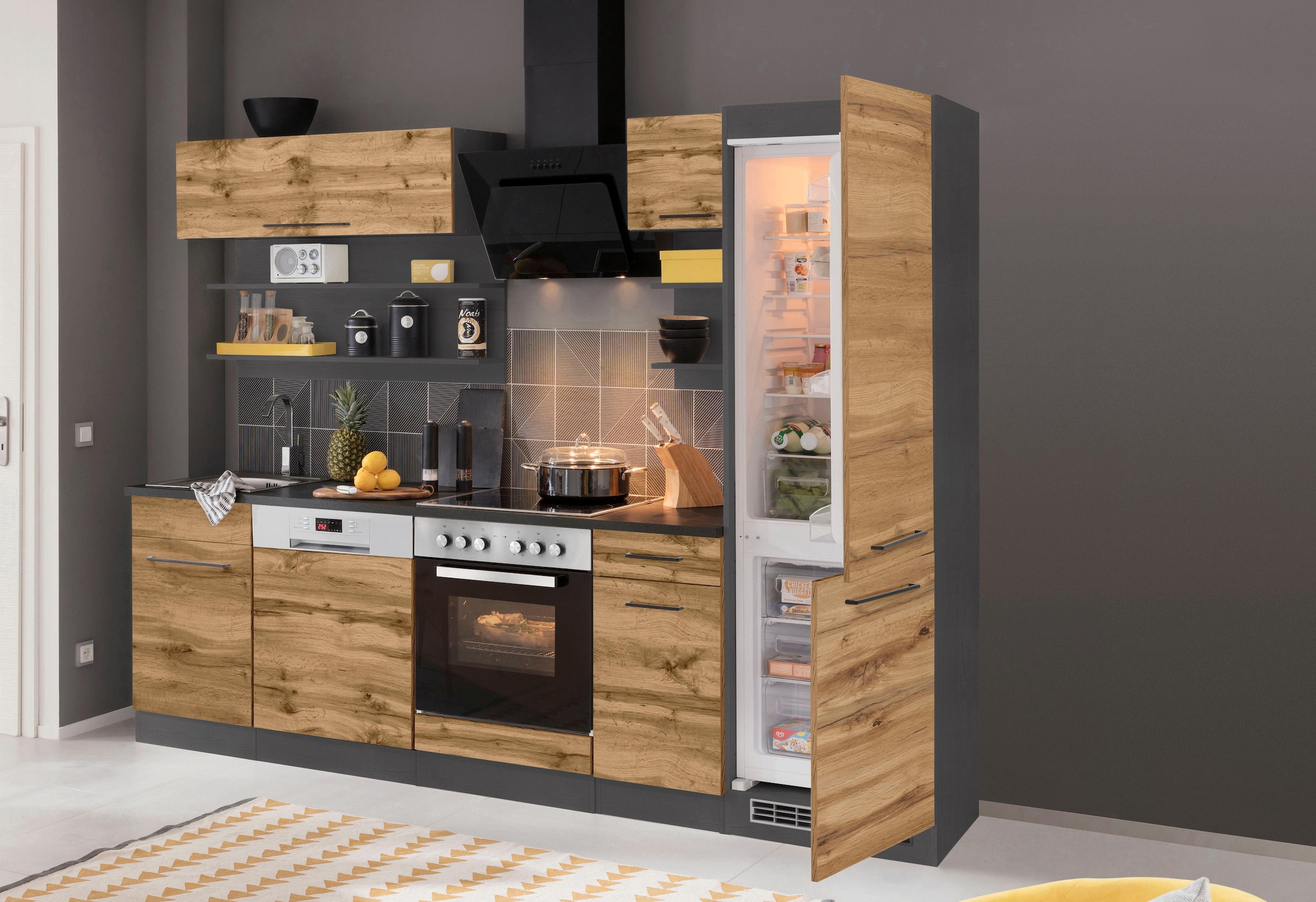 KOCHSTATION Küchenzeile »KS-Tulsa« ohne E-Geräte, Breite 270 cm, schwarze Metallgriffe, MDF Fronten