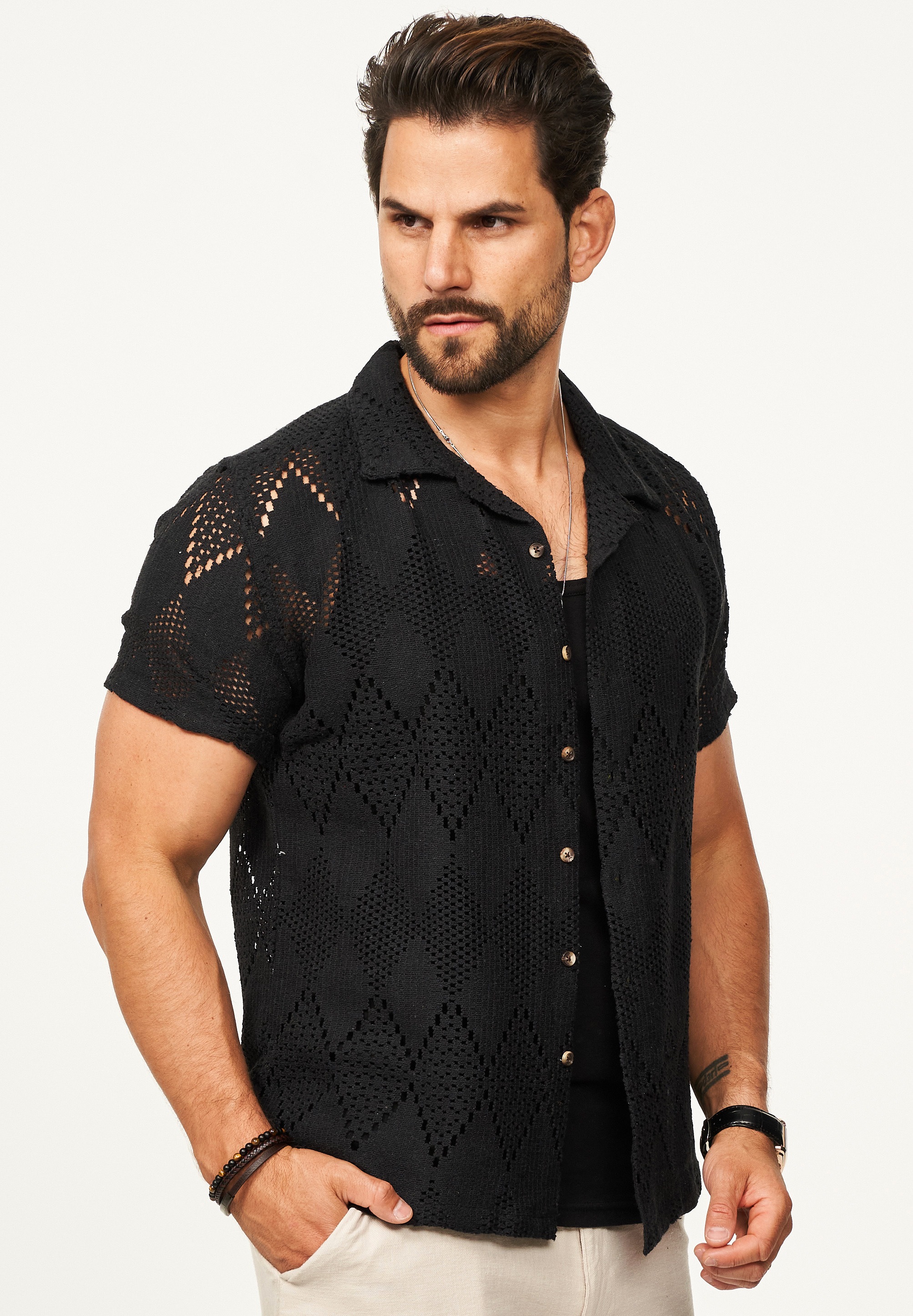 SOULSTAR Kurzarmhemd »Freizeithemd als Kurzam Strick Hemd im Retro-Look - Strick Polo-Hemd Overshirt im Regular-Fit für Herren« Herren Strick Polo-Hemd T-Shirt im Regular-Fit Festival Hemd