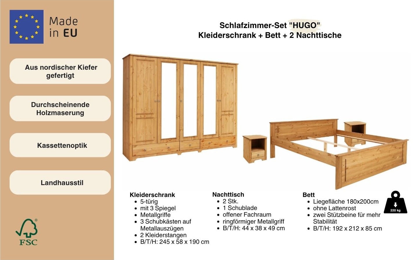 OTTO home Schlafzimmer-Set »Hugo« Set, 4 Stk. tlg. Bett 180x200 cm, 5-trg Kleiderschrank und 2 Nachttische