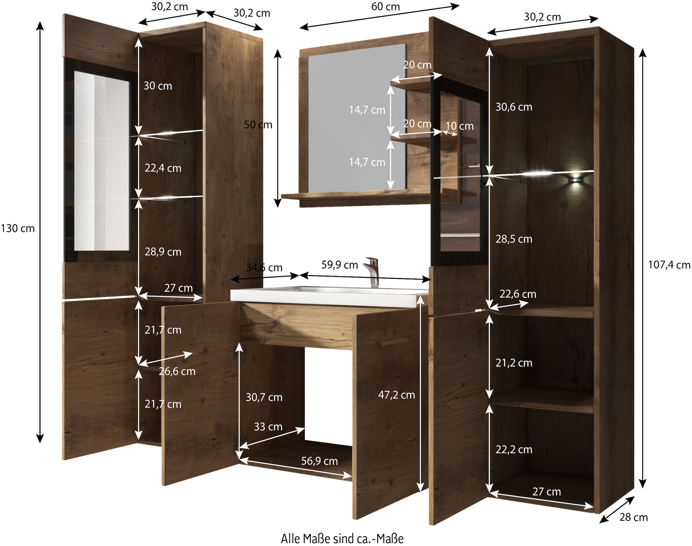welltime Badmöbel-Set »MADRIT«, (Komplett-Set, 4 St., mit Waschbecken), Waschtisch inkl. Waschbecken, Badschrank, Hochschrank, Spiegel