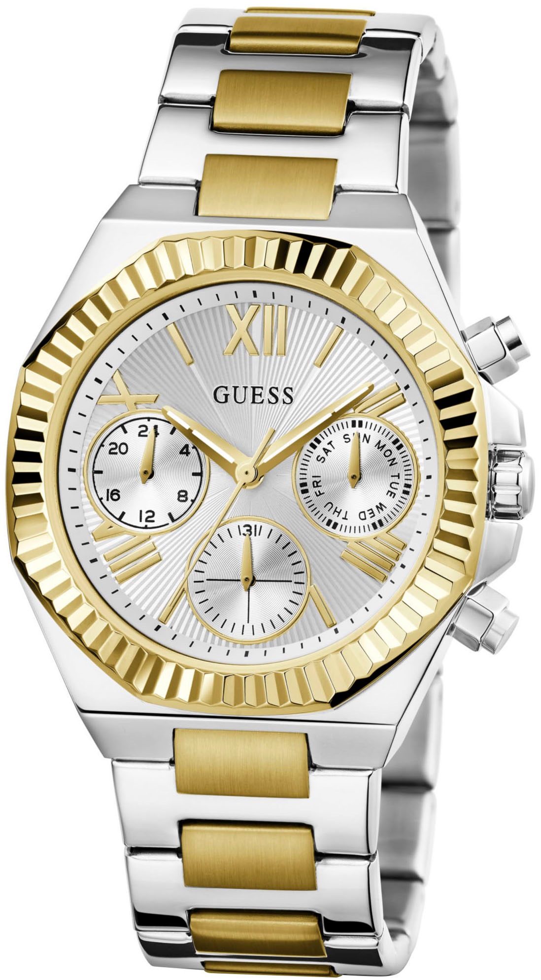 Guess Multifunktionsuhr »EQUALITY«, Quarzuhr, Armbanduhr, Damen, Herren, unisex, Datum, Edelstahlarmband