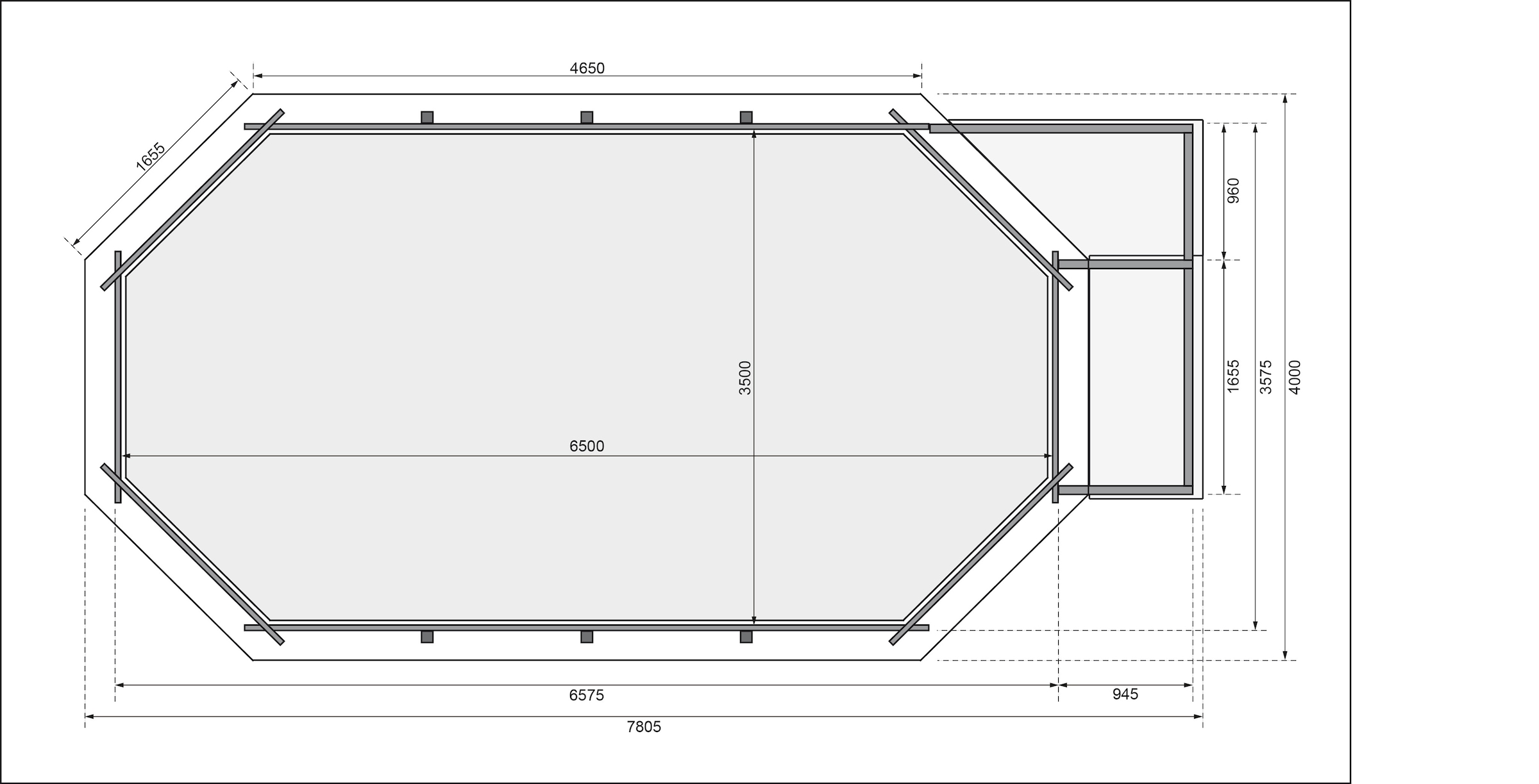 Karibu Achteckpool »SEVILLA Set C BxLxH: 780x400x124 cm, mit Sonnendeck und Ecke«, (Set, 9 tlg.), 38 mm starke kesseldruckimprägnierte Holzbohlen aus Fichtenholz