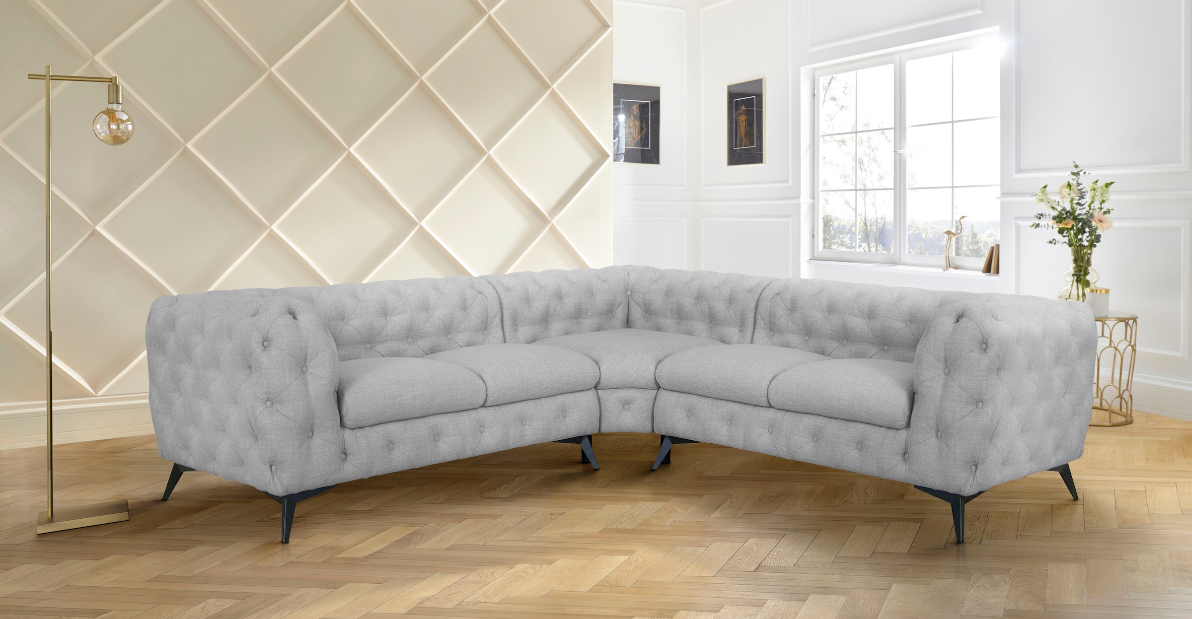 Home affaire Chesterfield-Sofa »Ecksofa GLYNIS L-Form mit Wellenunterfederung, Maße B/T/H 264/264/75cm« aufwändige Knopfheftung, moderne Chesterfield Optik, Fußfarbe wählbar