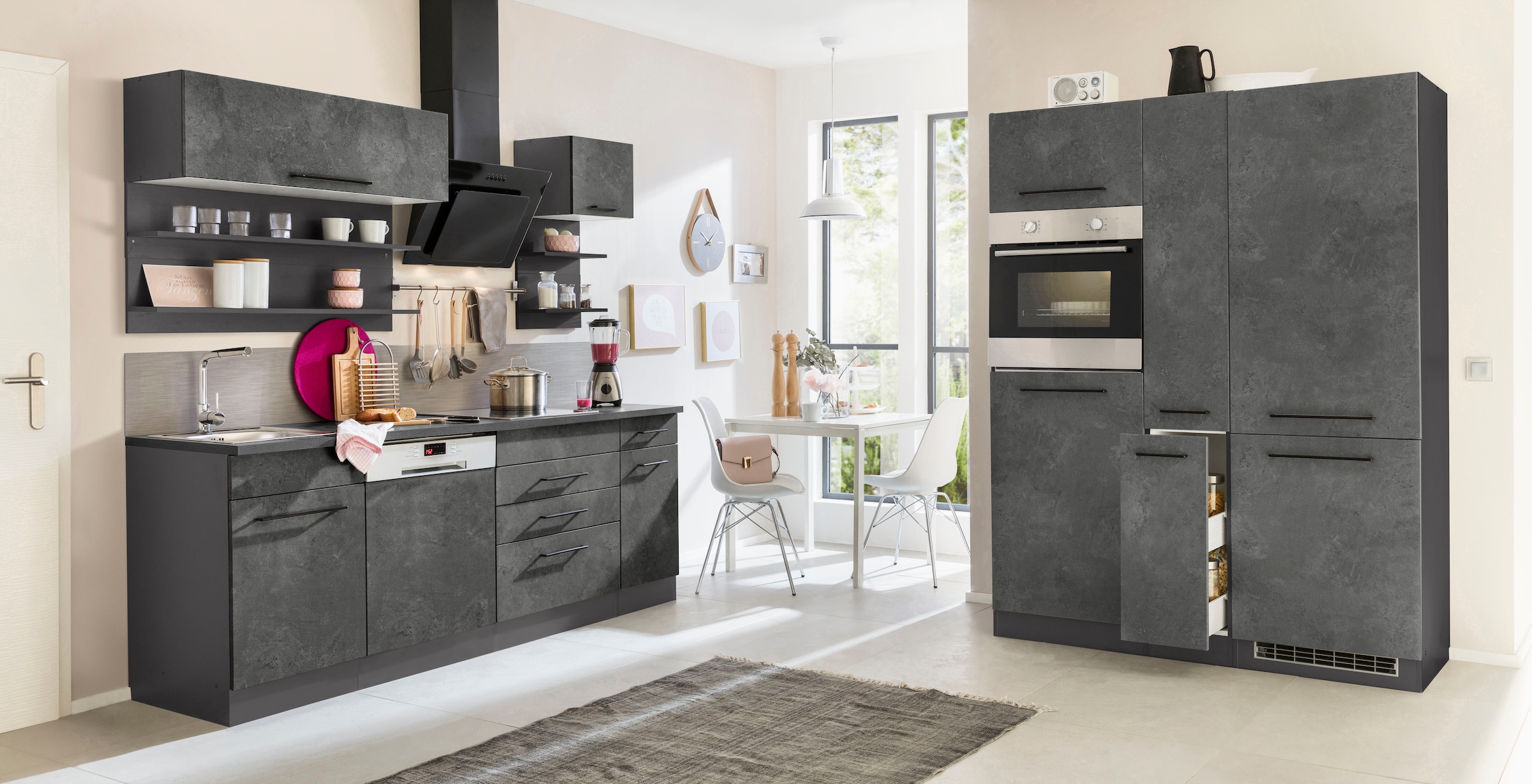 KOCHSTATION Küchenzeile "KS-Tulsa" ohne E-Geräte, Breite 360 cm, schwarze Metallgriffe, MDF Fronten