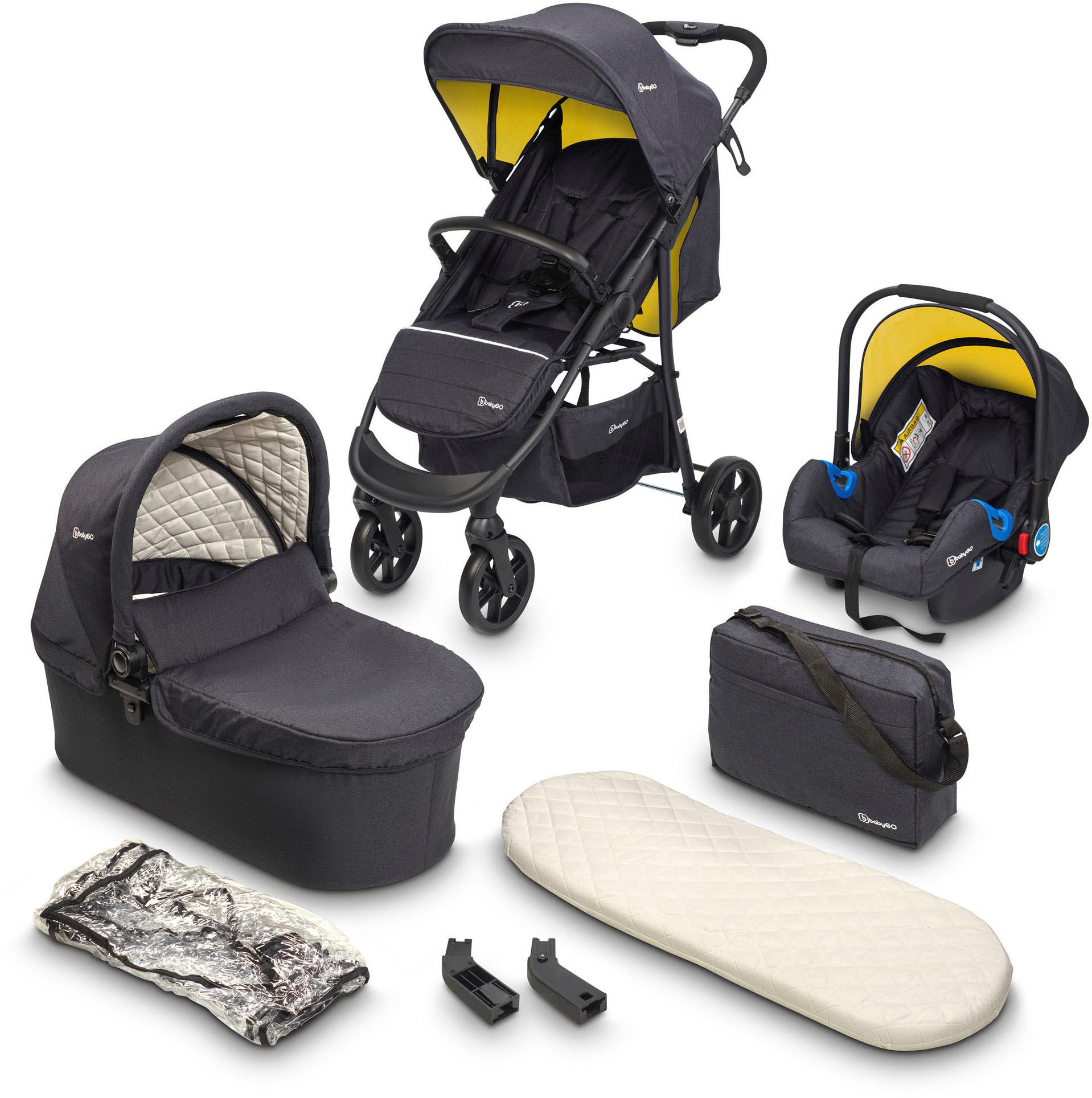 Kombi-Kinderwagen »Style - 3in1, schwarz/senfgelb«, inkl. Babyschale mit Adaptern u....