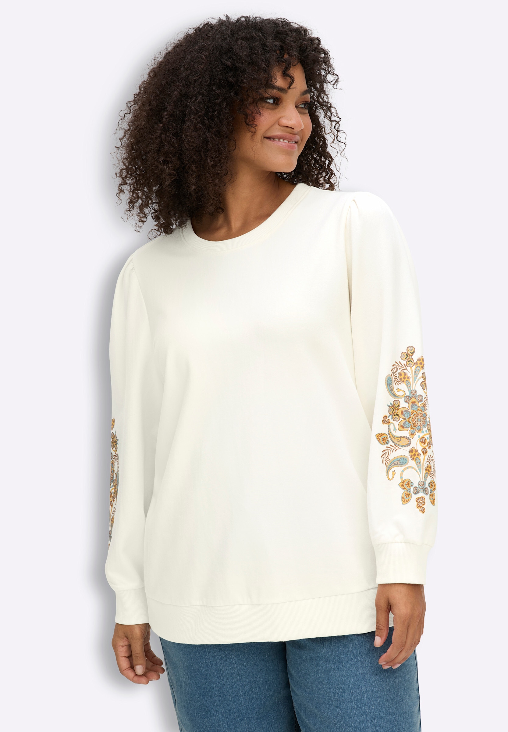 Sheego Sweatshirt »Sweatshirt Sweatshirt mit Blumenprint am Ärmel«
