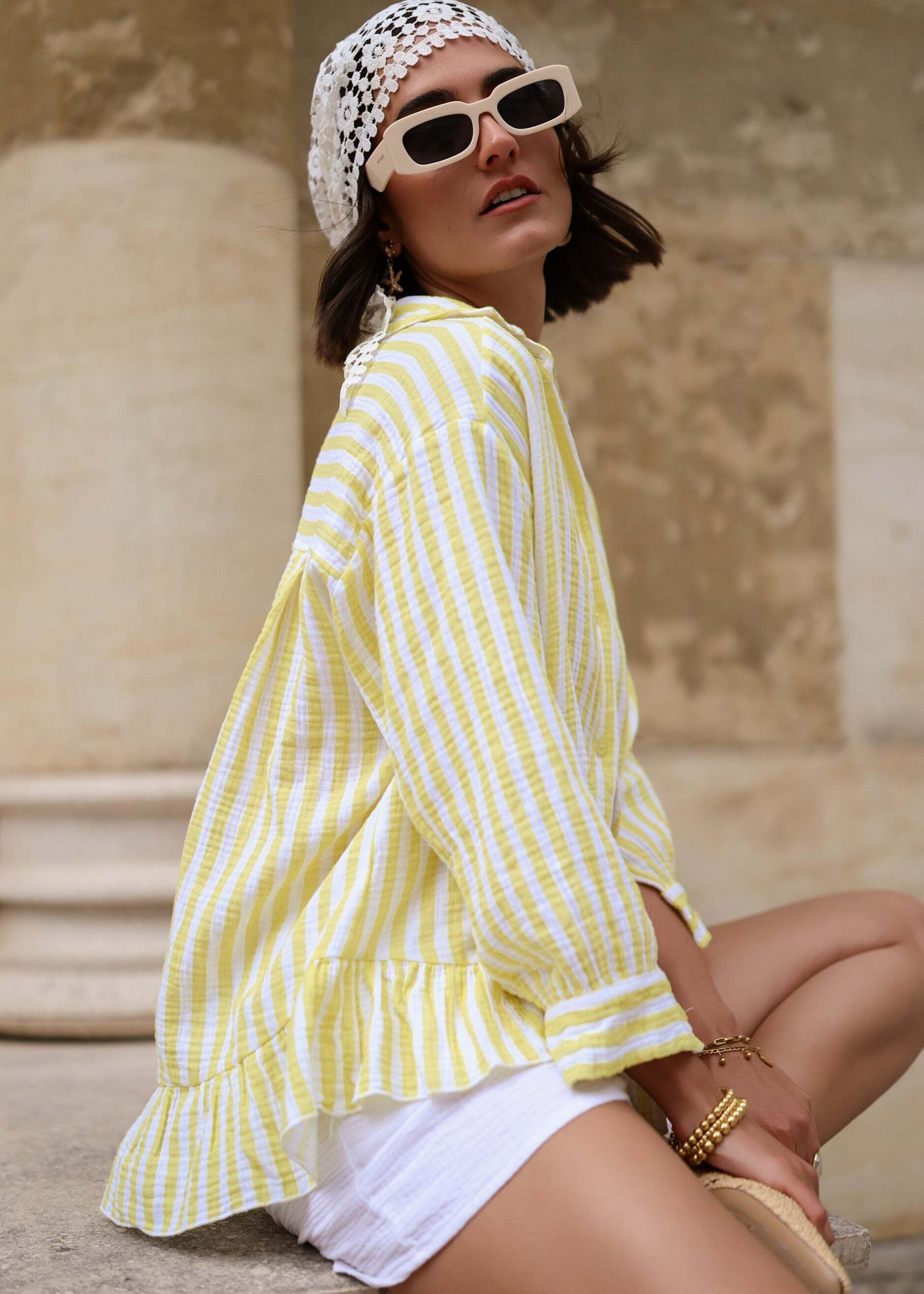 SASSYCLASSY Longbluse »Gestreifte Musselin Bluse mit Rüschensaum« Oversized Baumwollbluse mit Rüschensaum und 3/4 Ärmel Gelb
