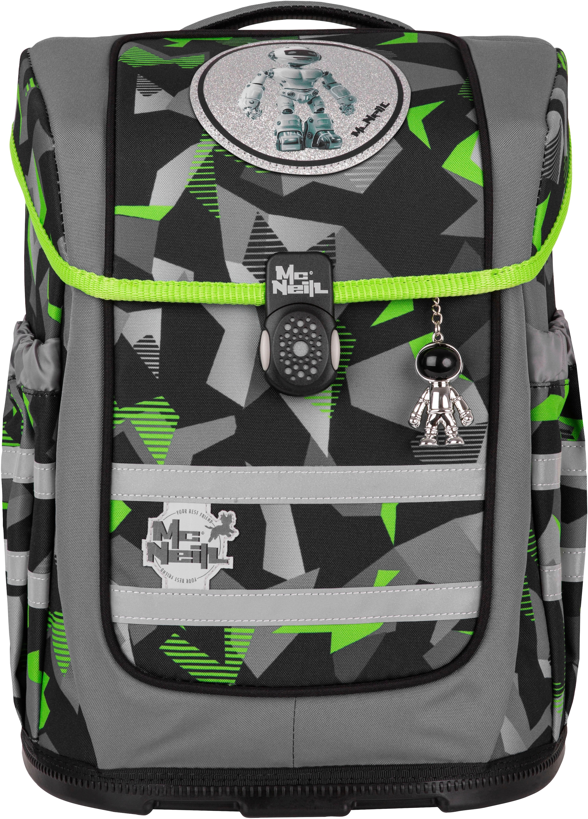 McNeill Schulranzen »Ergo Compacto, Techno« reflektierende Streifen auf den Schultergurten;retroreflektierende Flächen inkl. Federmäppchen, Turnbeutel, Schlamperrolle & Motivmagnet