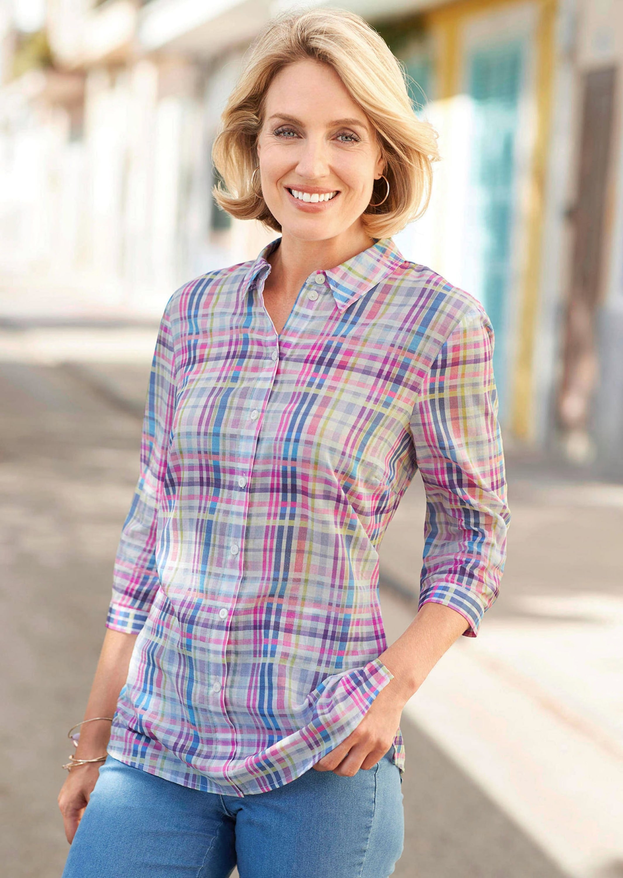 GOLDNER Hemdbluse »Kurzgröße Feminine Hemdkragenbluse mit Karodessin«