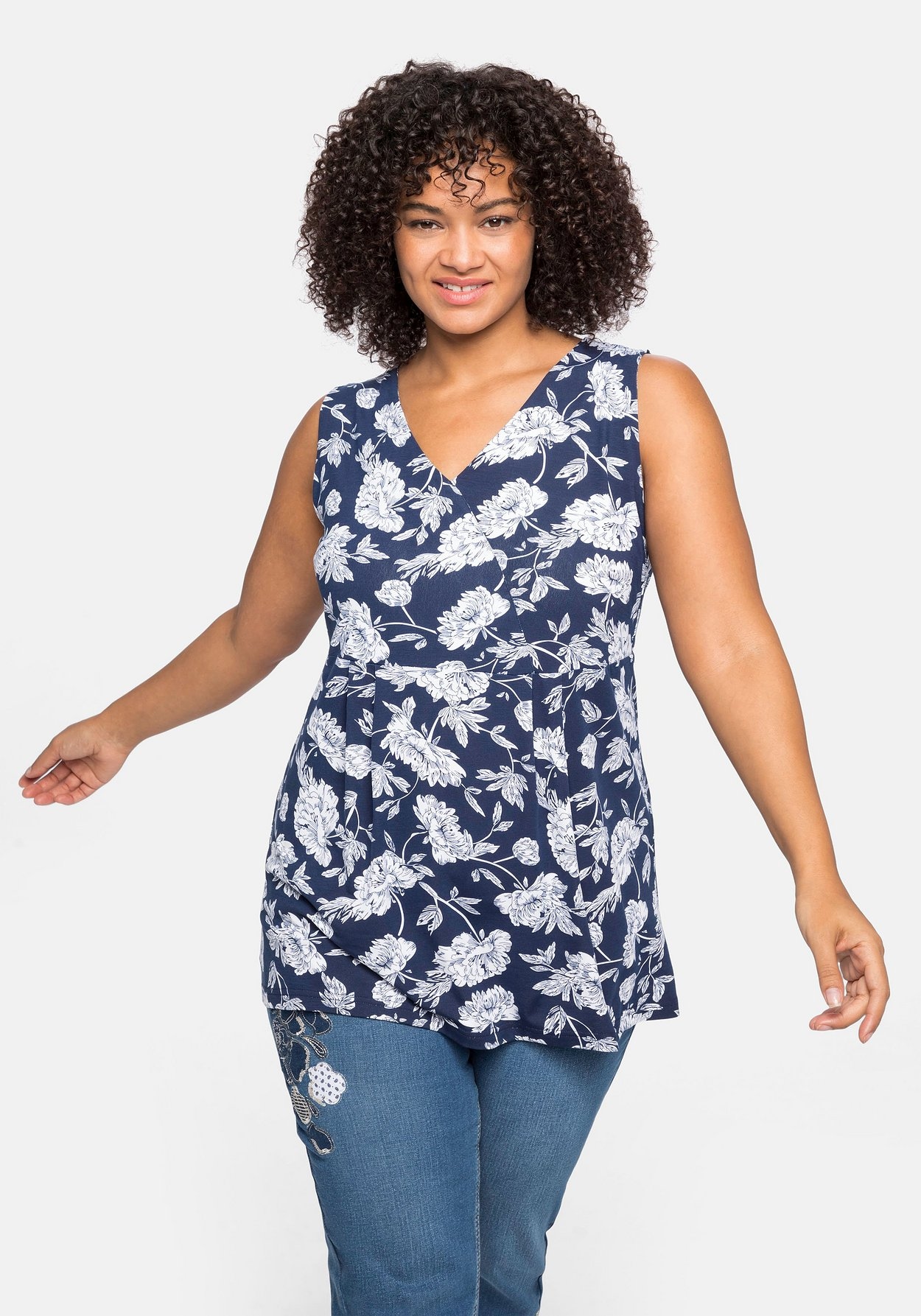 Sheego Longtop »Longtop mit Blumendruck und Spitze im Rücken«