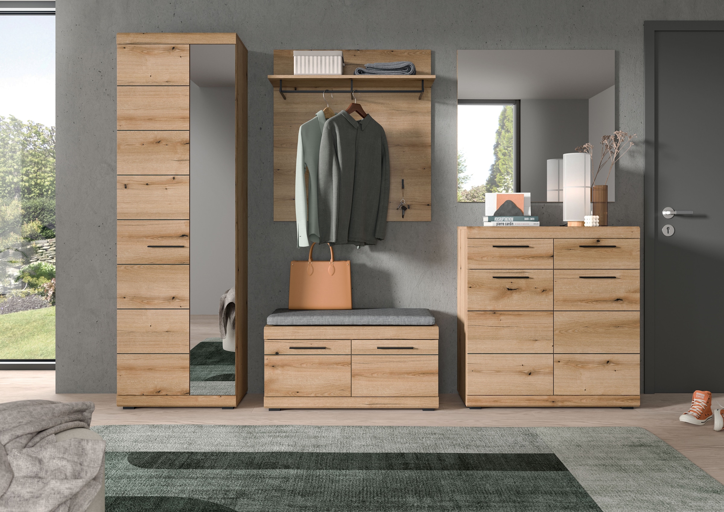 INOSIGN Garderoben-Set »SIENA, Breite 272 cm, 6-tlg., individuell stellbar, inkl. Sitzkissen« Komplett-Set, Garderobenschrank, Sitzbank, Sitzkissen, Paneel,Schuhschrank & Spiegel, 5 Stk. tlg.