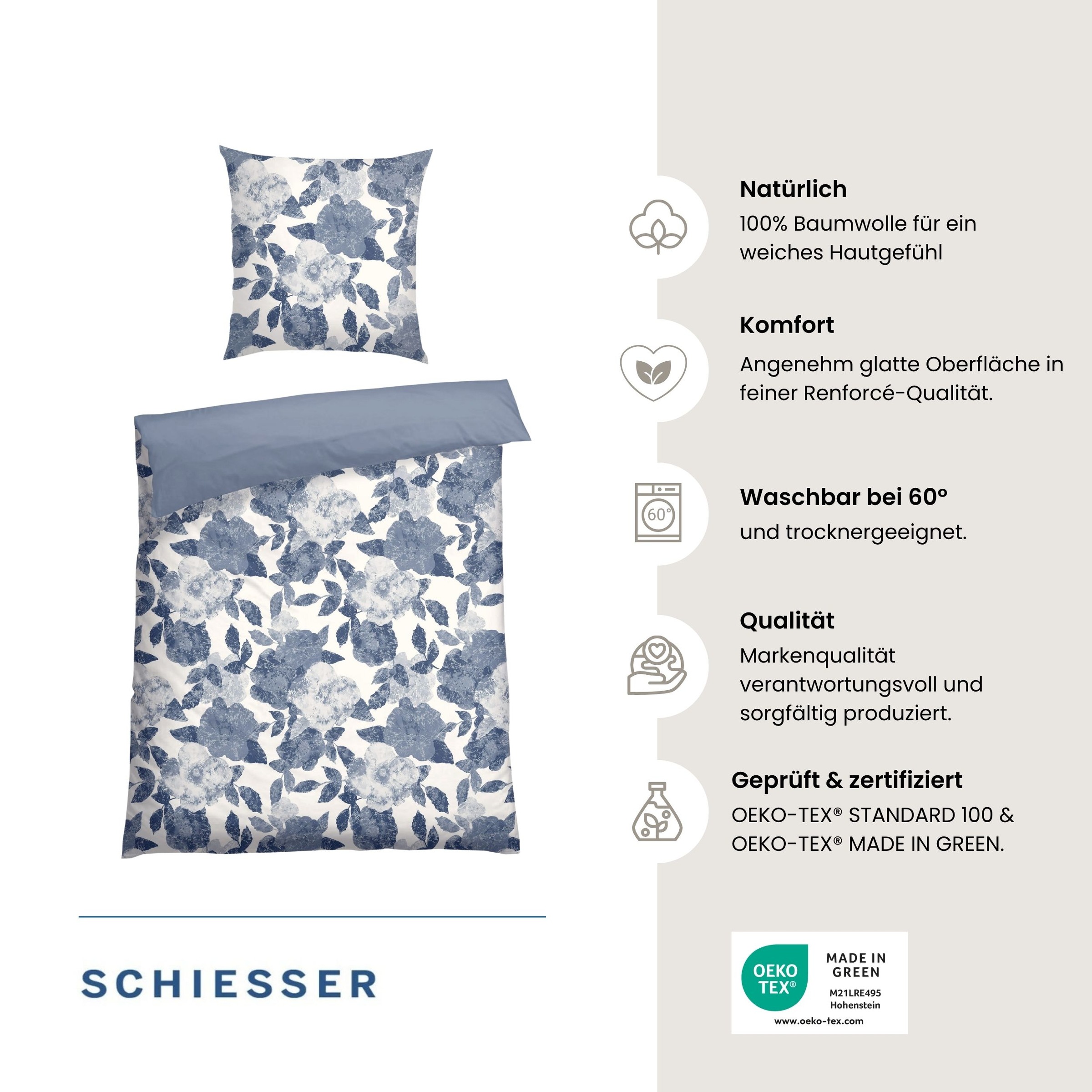 Schiesser Wendebettwäsche »Elisa aus weicher Baumwolle mit hübschen Blumenmotiv« 2 Stk. OEKO-TEX® MADE IN GREEN