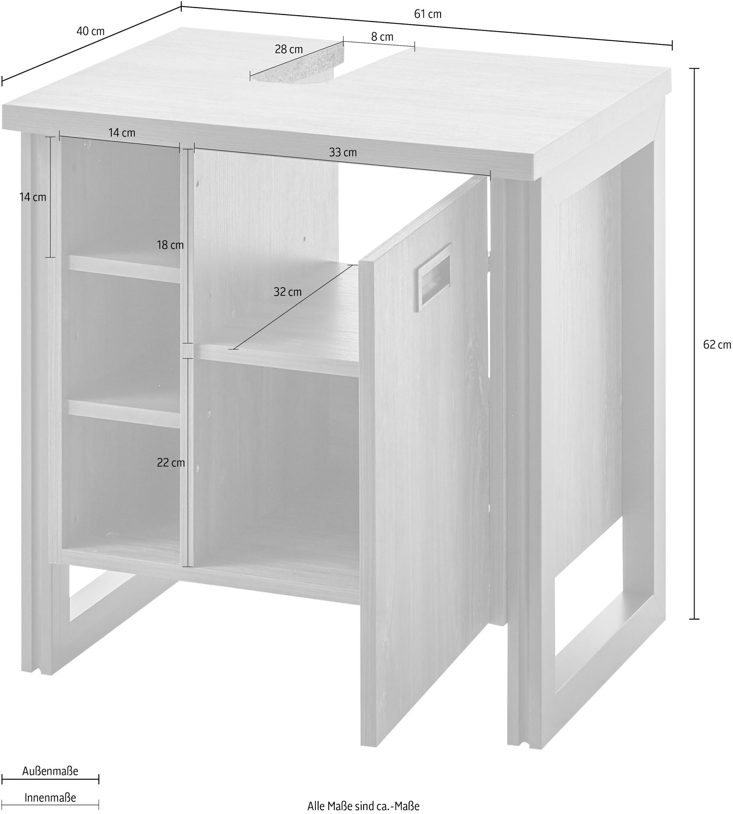 Home affaire Waschbeckenunterschrank »Detroit, Waschtisch mit Apothekergriff, Badschrank im Industrialdesign«, Eiche Dekor, mit offenen Fächern & Stauraum, Breite 61 cm