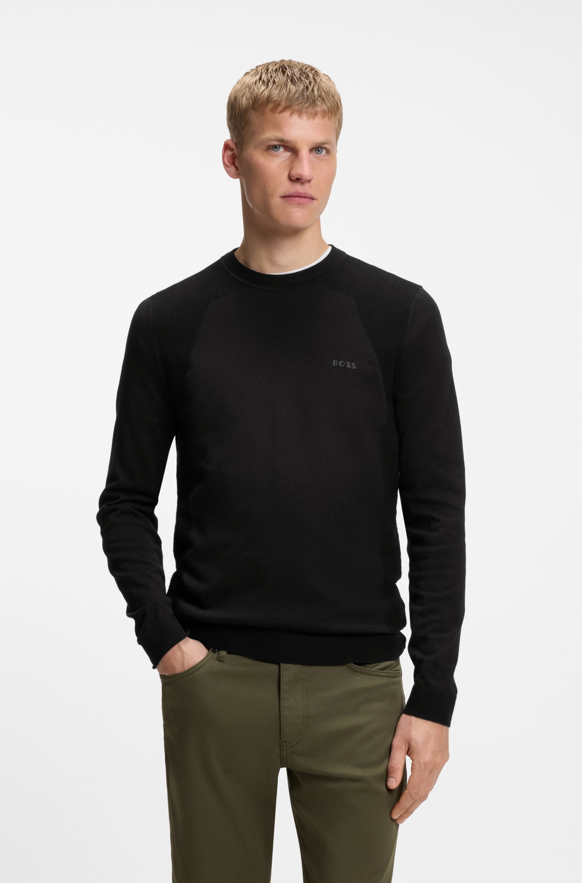 BOSS GREEN Strickpullover Rundhalsauswschnitt, Regular Fit, Struktur-Strick