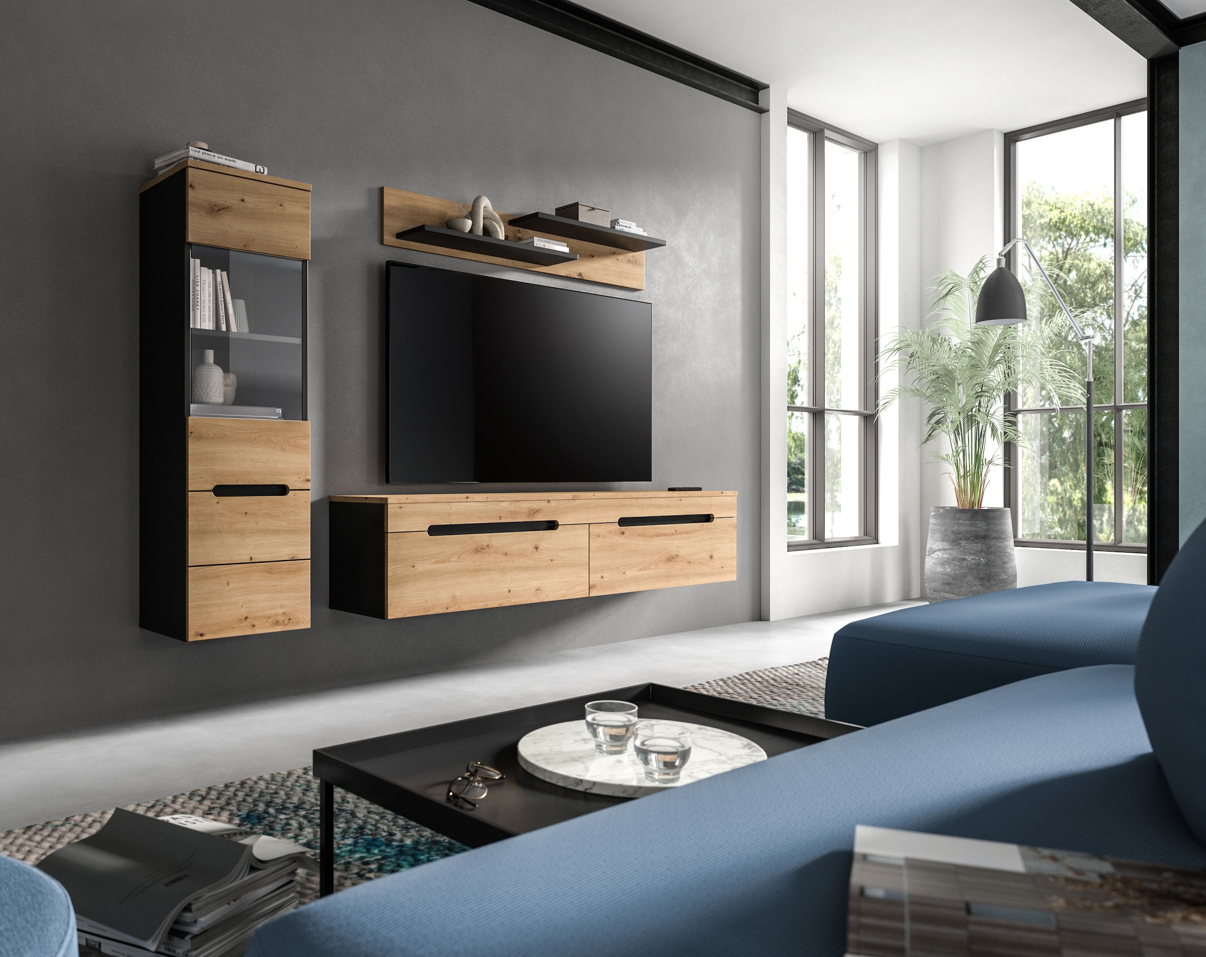 Home affaire Wohnwand »REHAT, TOPSELLER!, 3-teilig, wahlweise stehend und hängend montierbar« Set bestehend aus: Vitrine, Lowboard und Wandboard, 2 Stk. tlg.