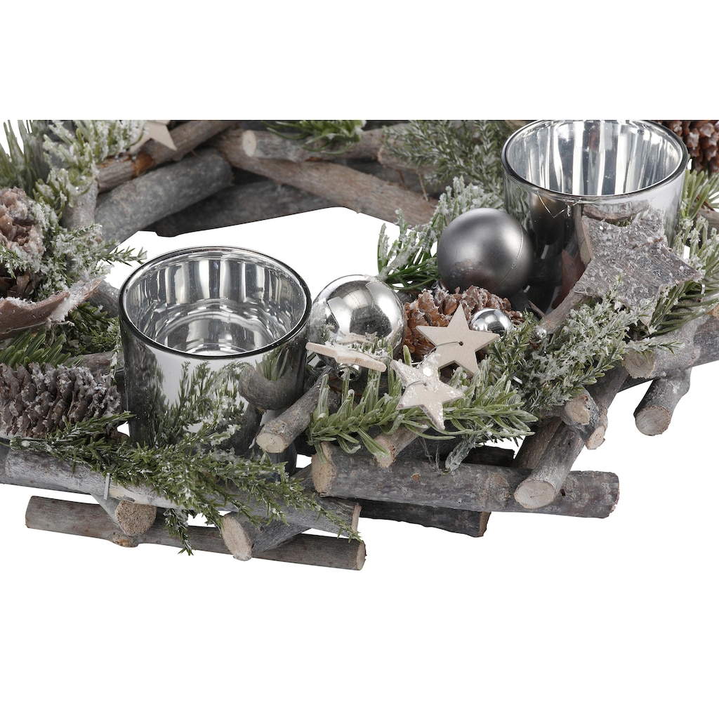 Home affaire Adventskranz »Weihnachtsdeko aus Echtholz, mit Kunstschnee und Glitter«, Kerzenhalter für 4 Teelichter, Ø 30 cm