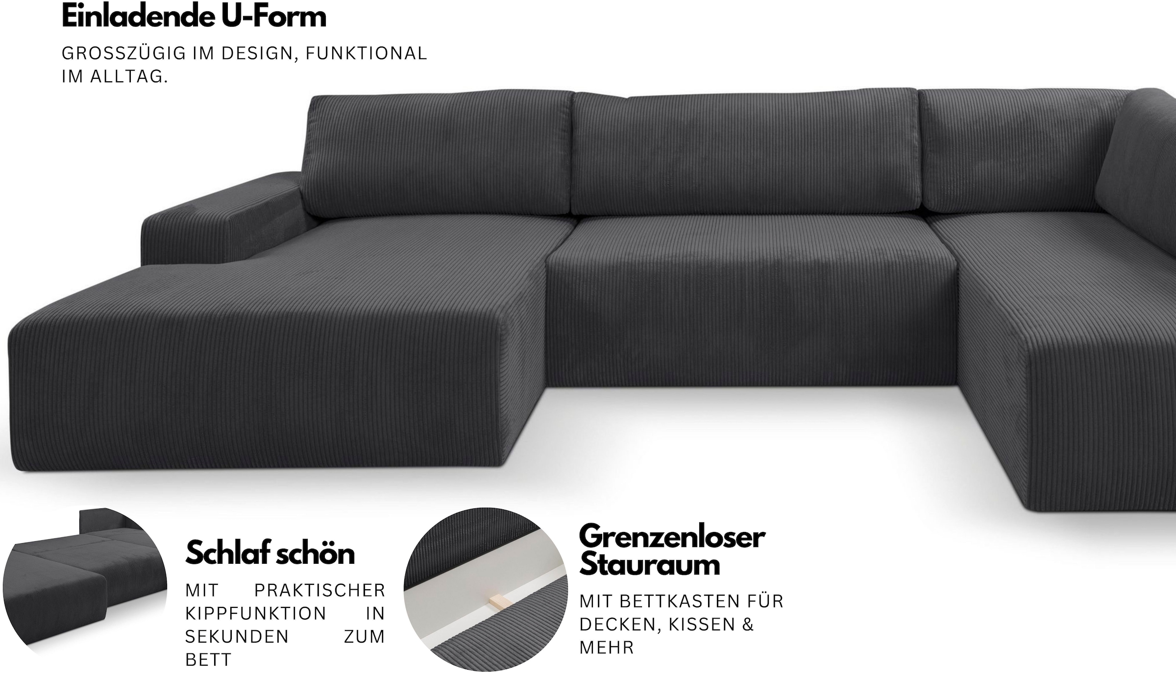 WERK2 Wohnlandschaft »Rotterdam 325 cm breit mit Bett und Bettkasten, viel Platz« Cord, U-Form, XXL, Schlaffunktion, Bettkasten