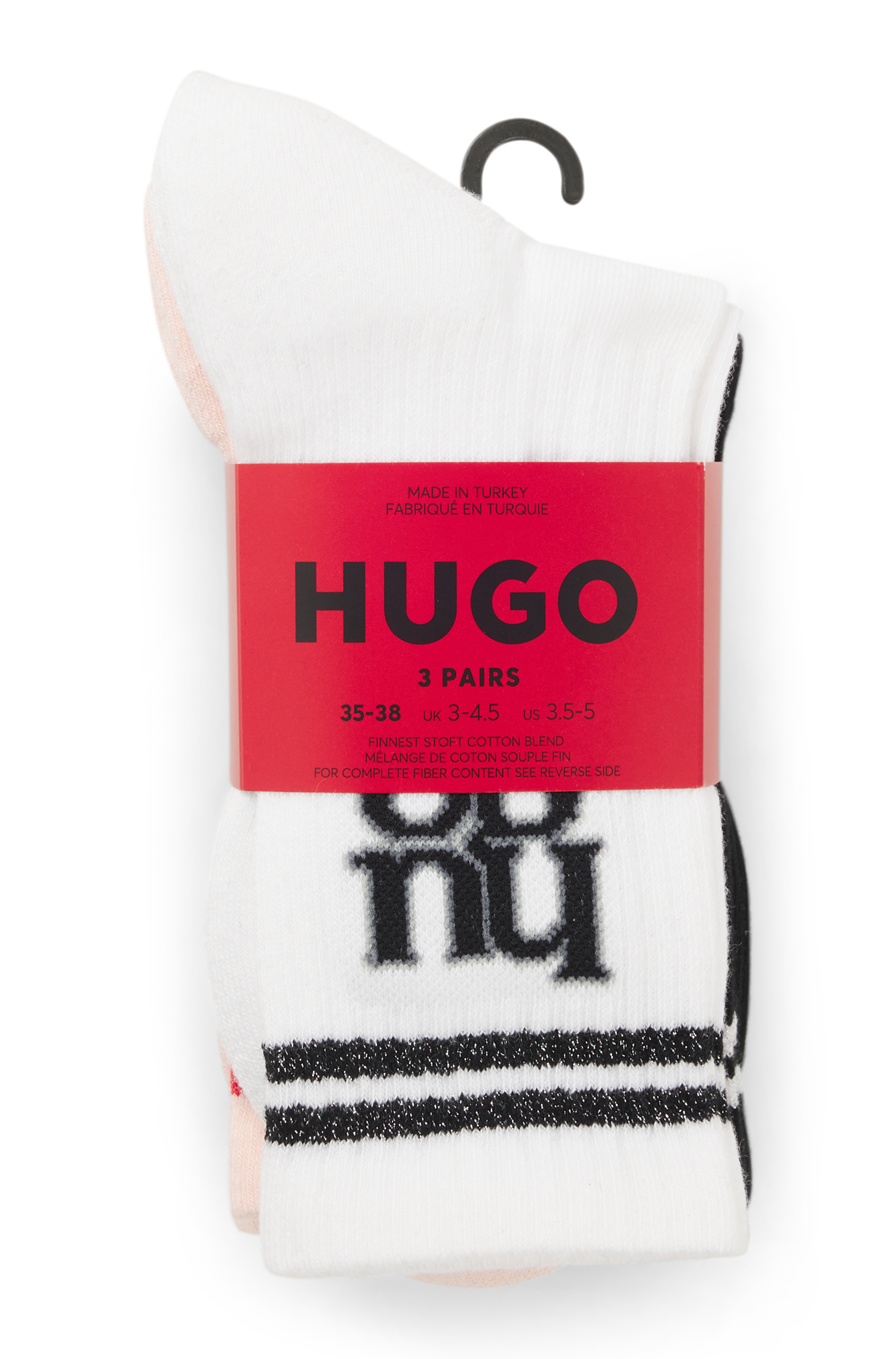 HUGO Underwear Socken Packung, 3 Paar tlg. Logo mit Used-Look, Rippstrick, Verstärkter Fersen- und Zehenbereich