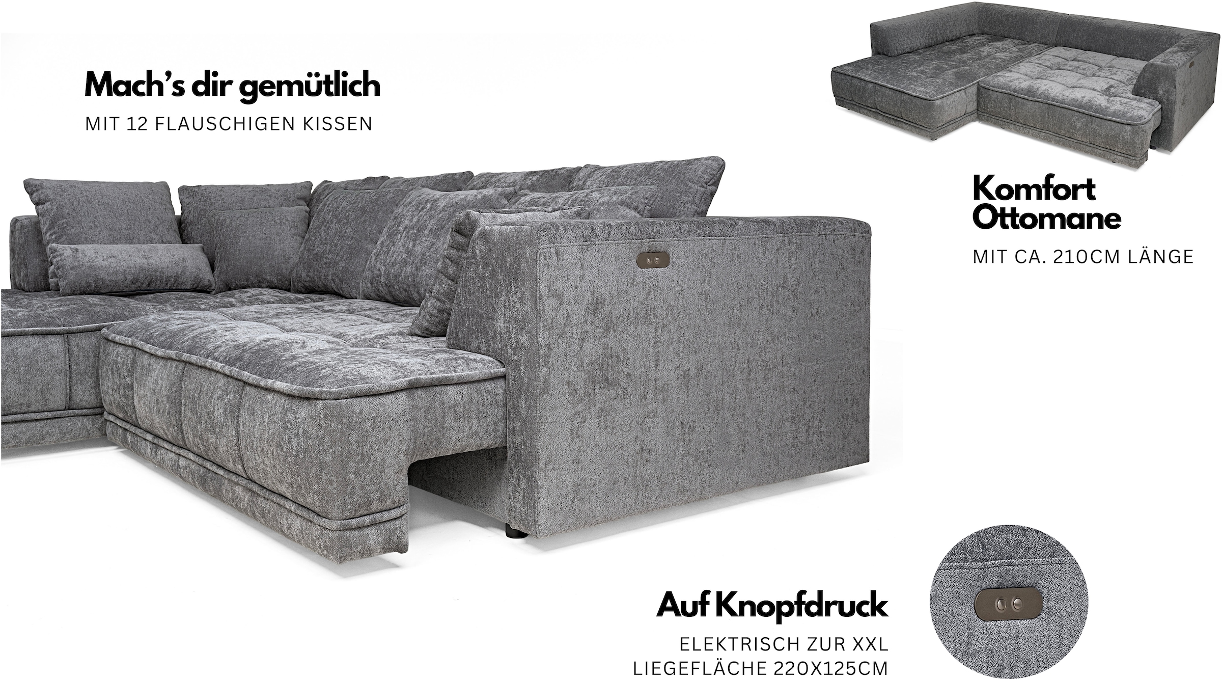 WERK2 Ecksofa »Tiga, Komfortsofa mit elekt. Auszugsfunktion, bequem, L-Form« Pure Wohlfühlgarantie: Ausziehbare Sitztiefe, XXL-Ottomane & Kissen.